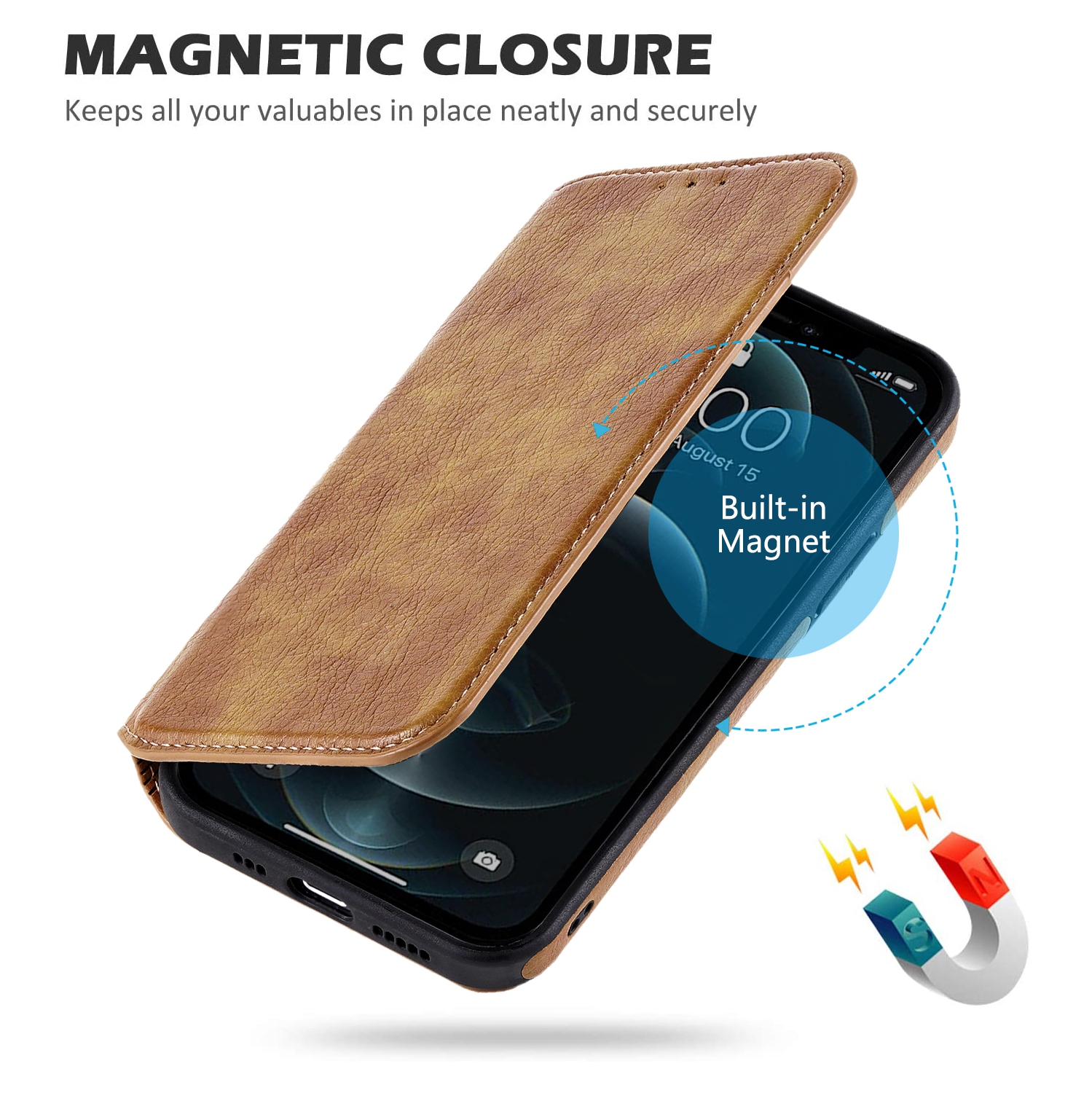 PETERSON Étui portefeuille pour iPhone 12 et 12 Pro cuir synthétique de qualité supérieure à rabat avec porte-cartes - Blocage RFID - Coque