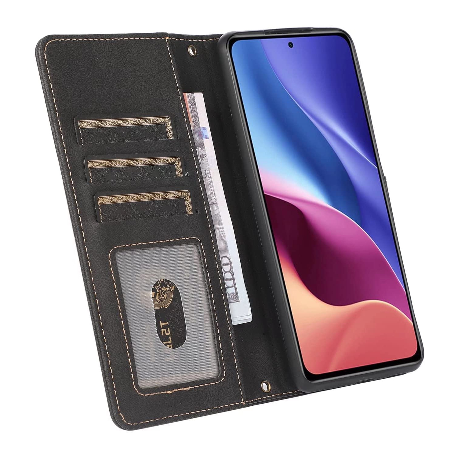 Loris & Case Retro Flip Wallet Case with 9 Card Slots Kickstand PU Leather Folio Wrist Strap Purse Phone Cover for iPhone 14 PRO - Black