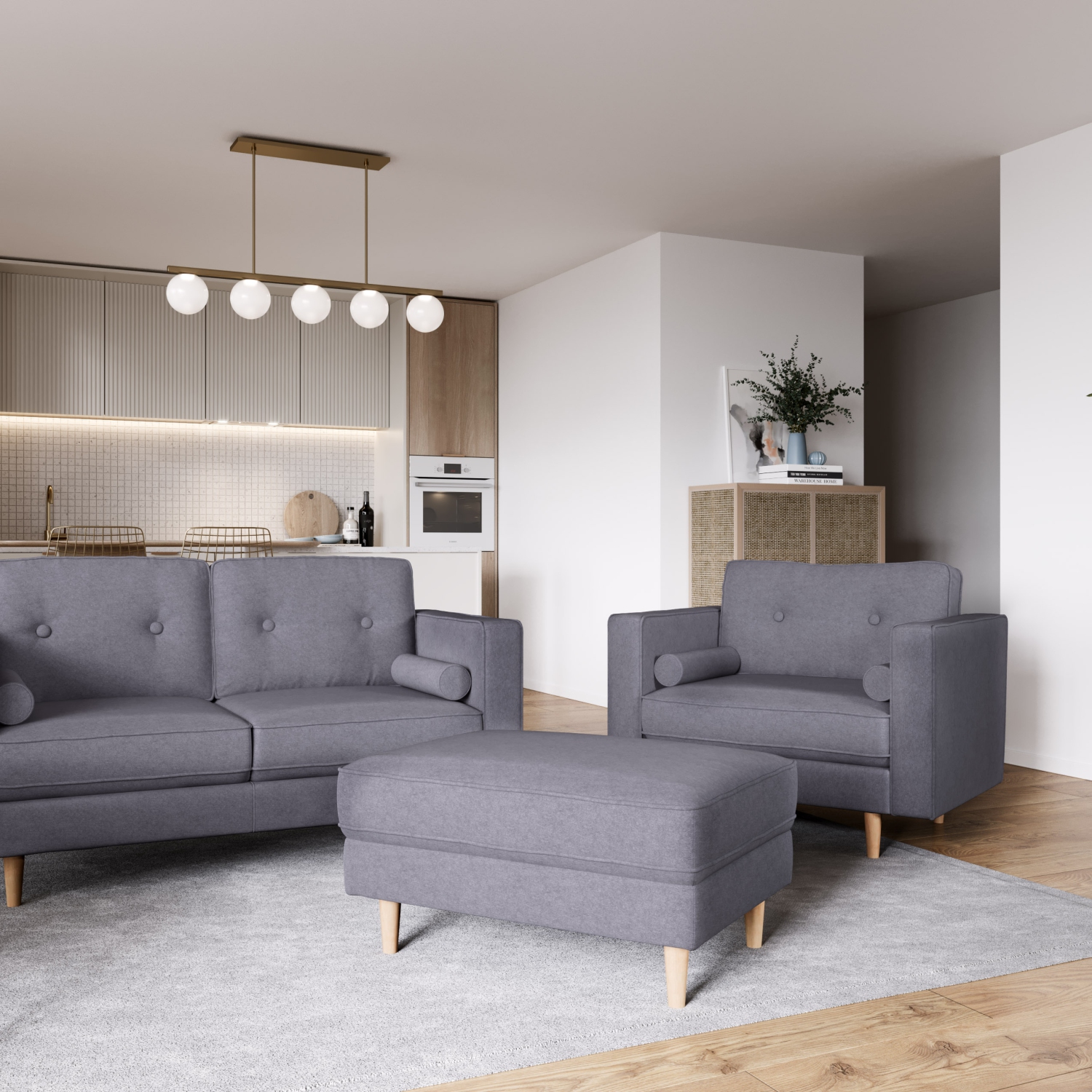 Pouf moderne rembourré en tissu Mulberry, gris