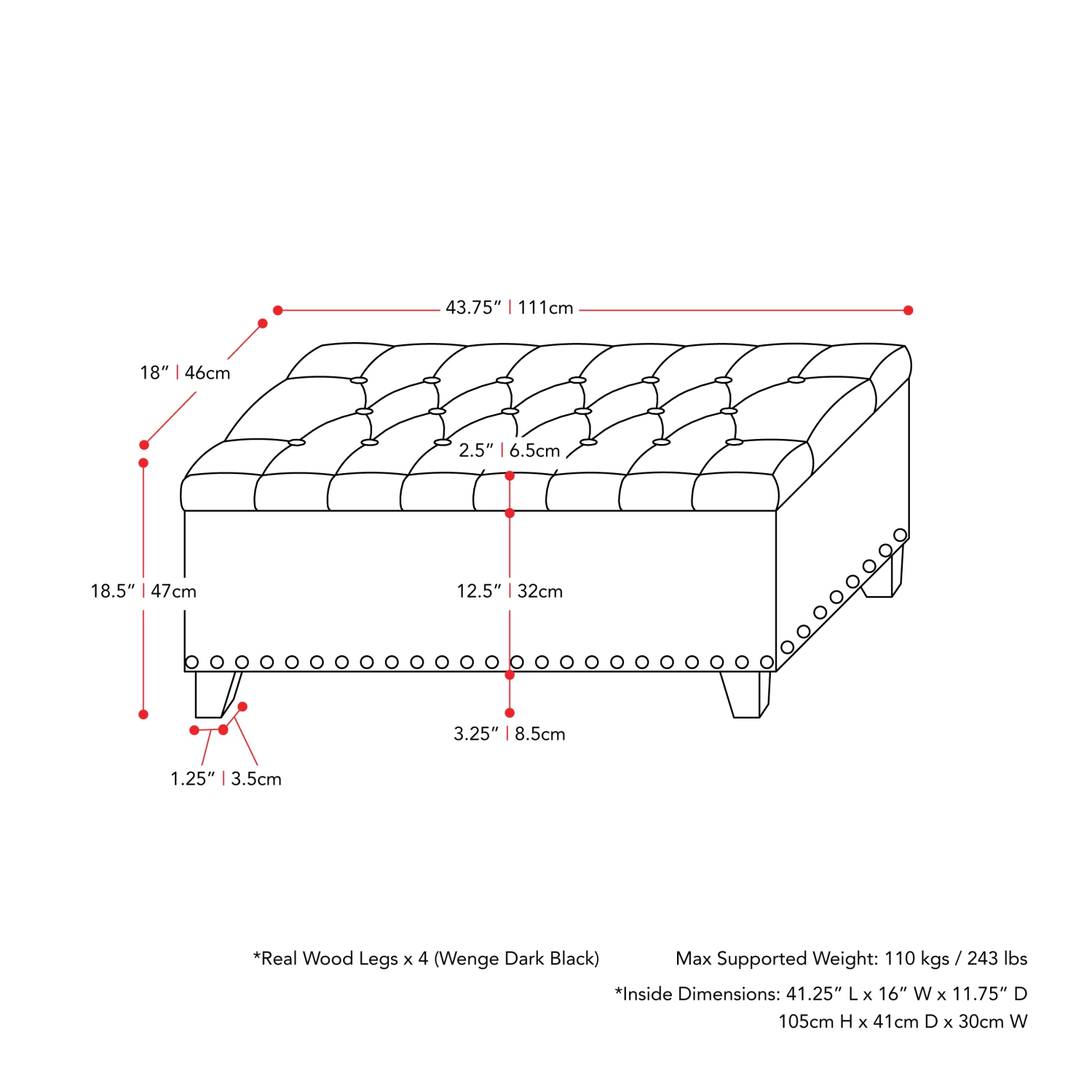 Pouf de stockage en tissu rembourré Boston
