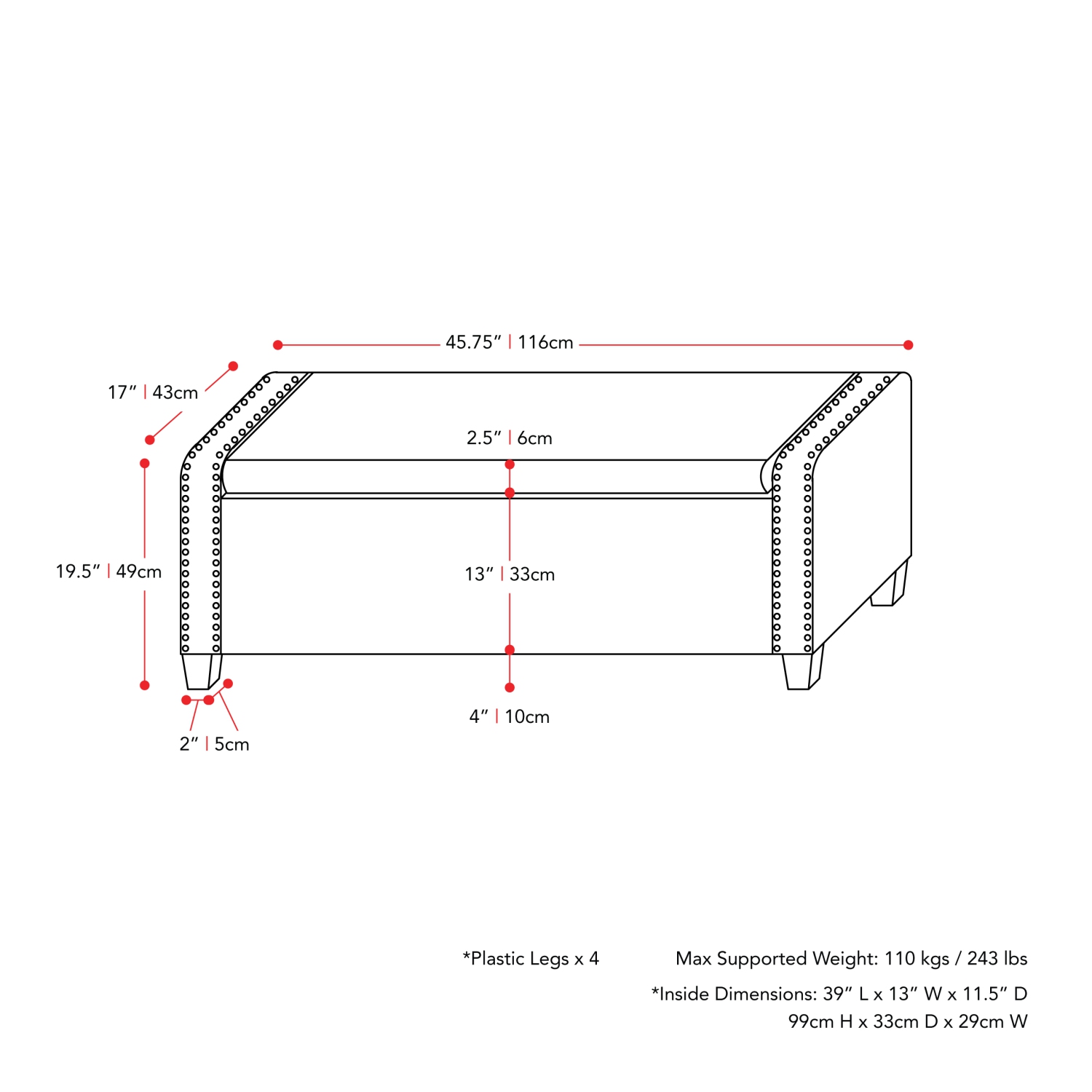 CorLiving LBT-642-O Boston Dark Grey Storage Fabric Ottoman