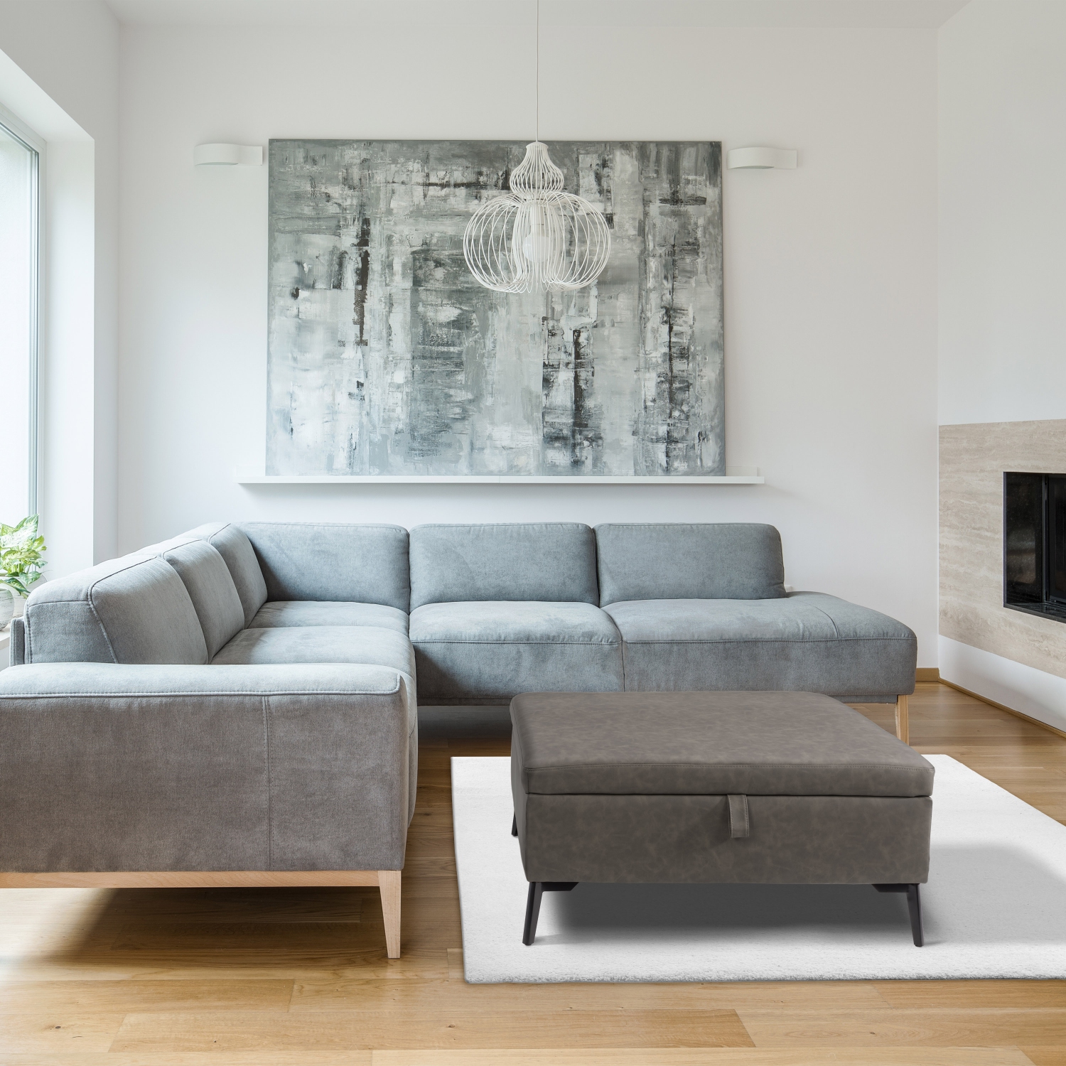 Pouf de rangement carré Linden, gris