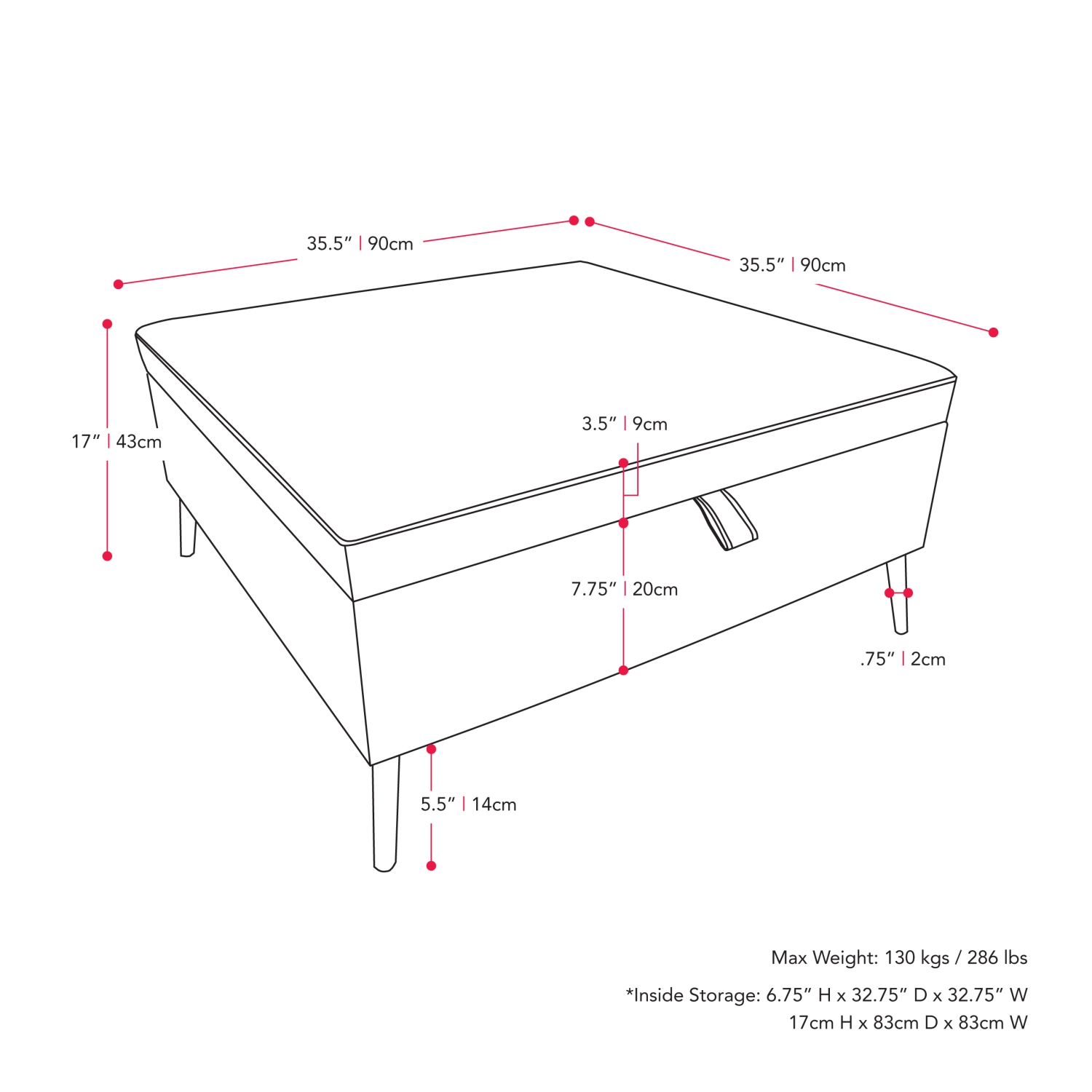 CorLiving LAD-340-O Linden Square Storage Ottoman, Black