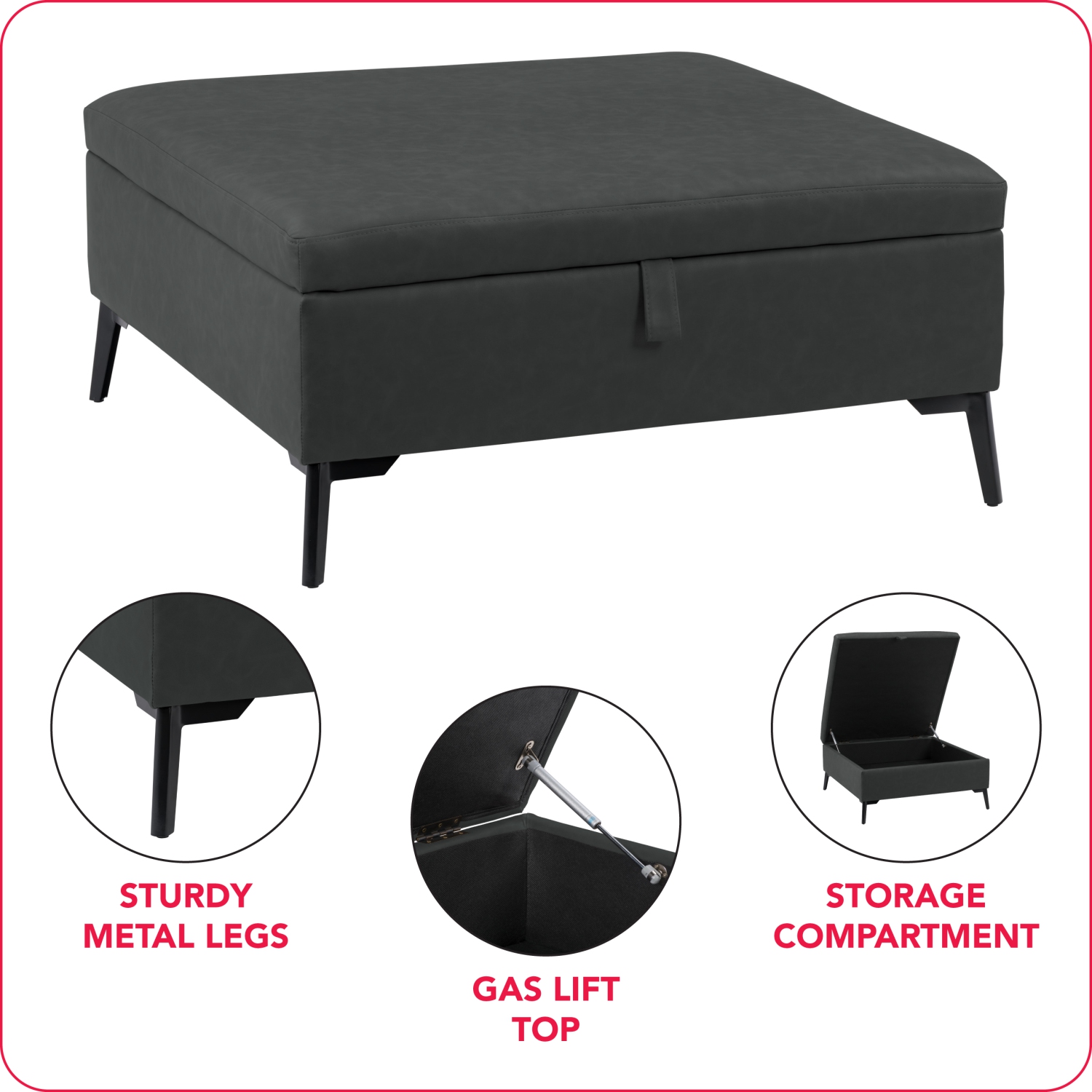 CorLiving LAD-340-O Linden Square Storage Ottoman, Black