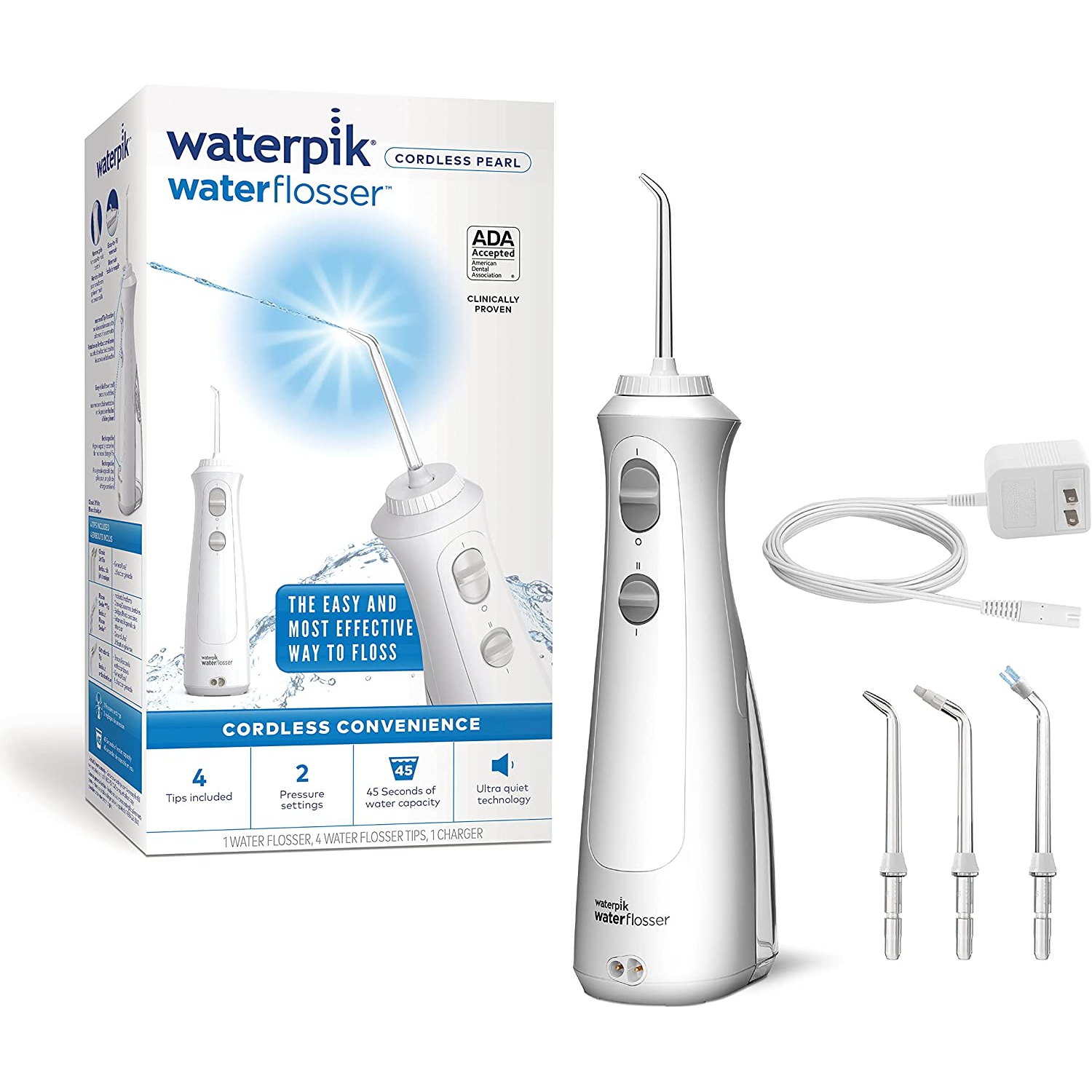 Hydropulseur portatif sans fil Waterpik Pearl rechargeable pour les dents, les gencives, les appareils de soins et les voyages avec 4 embouts de soie