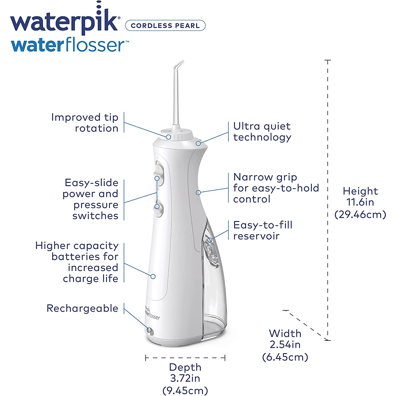 Hydropulseur portatif sans fil Waterpik Pearl rechargeable pour les dents, les gencives, les appareils de soins et les voyages avec 4 embouts de soie