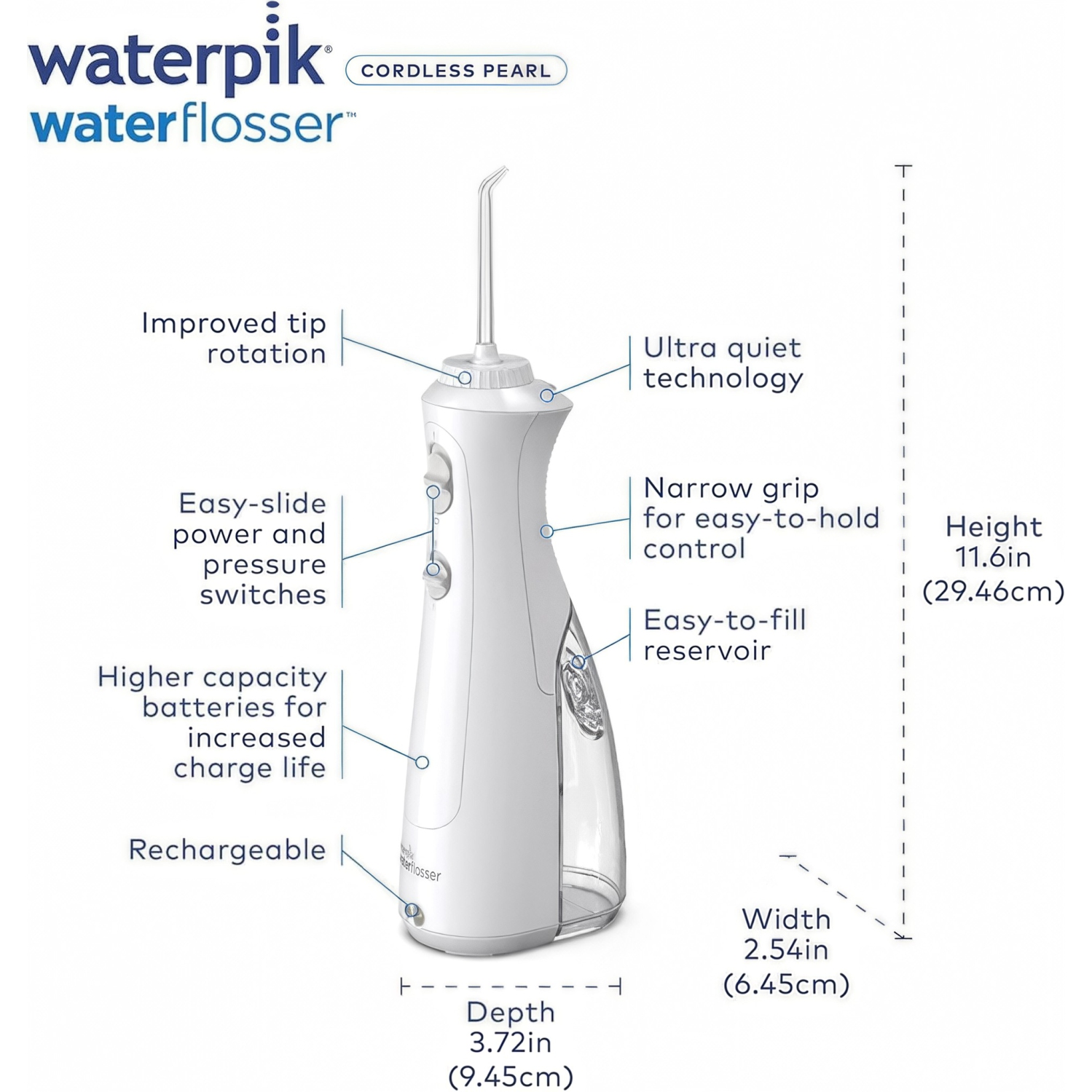 Hydropulseur portatif sans fil Waterpik Pearl rechargeable pour les dents, les gencives, les appareils de soins et les voyages avec 4 embouts de soie