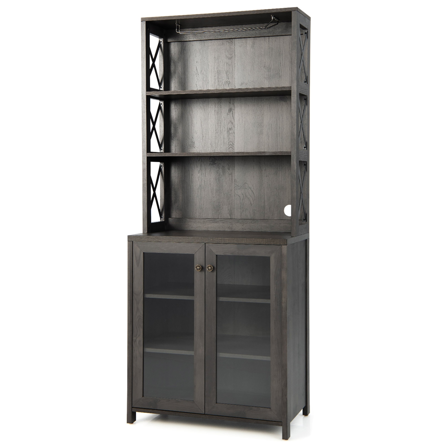 Costway Tall Freestanding Bar Cabinet Kitchen Buffet w/ Glass Holder & Adjustable Shelf