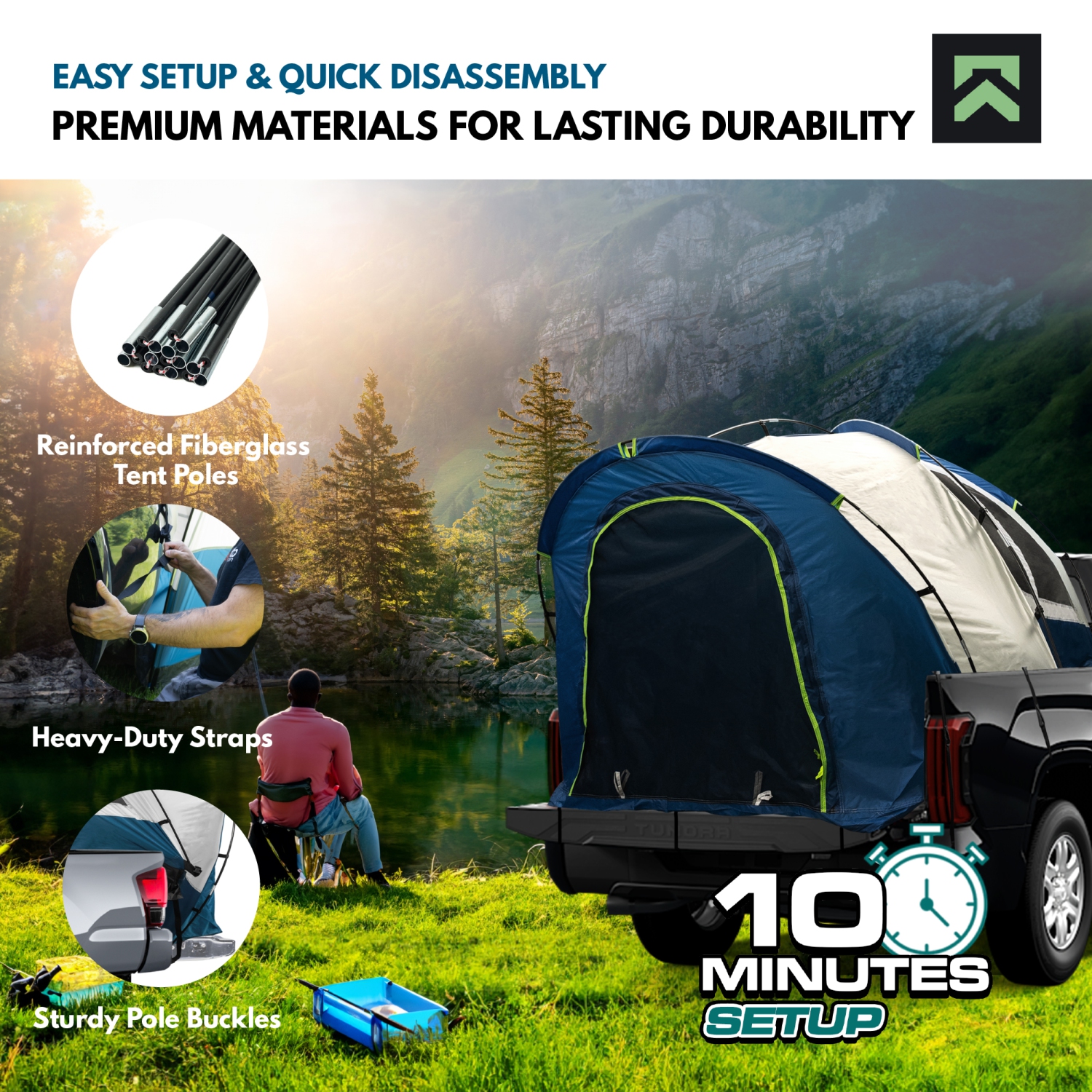 Tente de camping pour camionnette pour hayon avec double-toit et sac de rangement. Gris/bleu, lit deux places, longueur standard 76 à 80 po