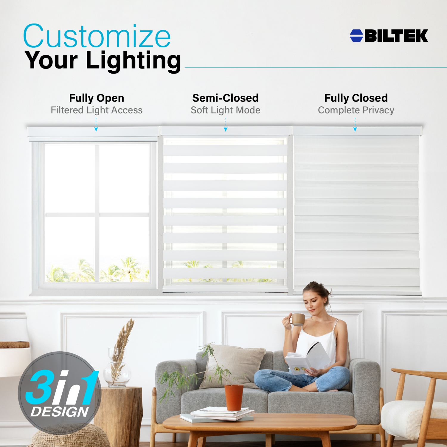 Stores sans fil à lamelles en forme de zèbre avec deux couches : Stores Unis et diaphane. Blanc, 61 larg. X 72 haut.