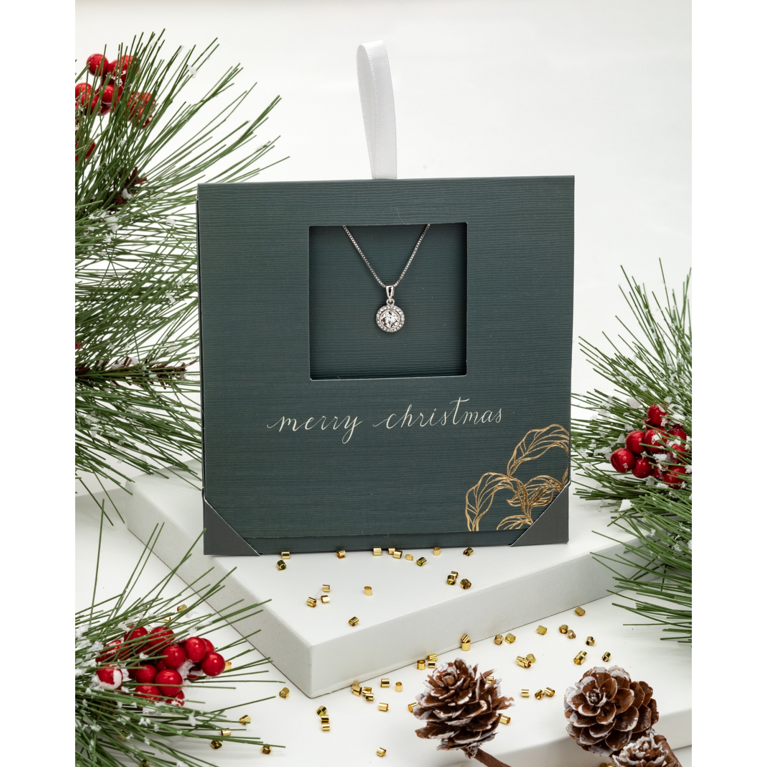 callura Silvertone Clear Crystal Halo Pendant Necklace - on Holiday Card