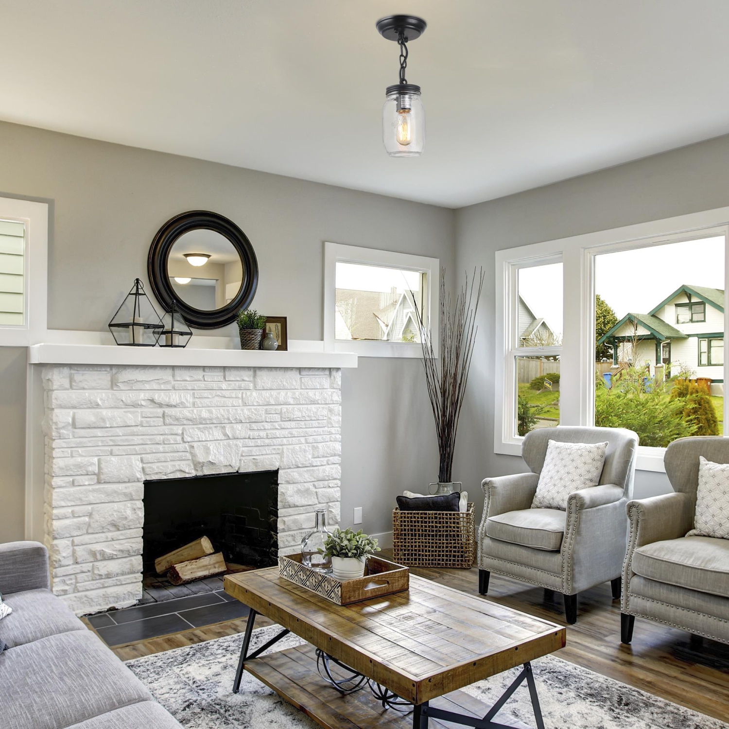 Luminaire suspendu moderne industriel à 1 ampoule, pot en verre, plafonnier semi-encastré