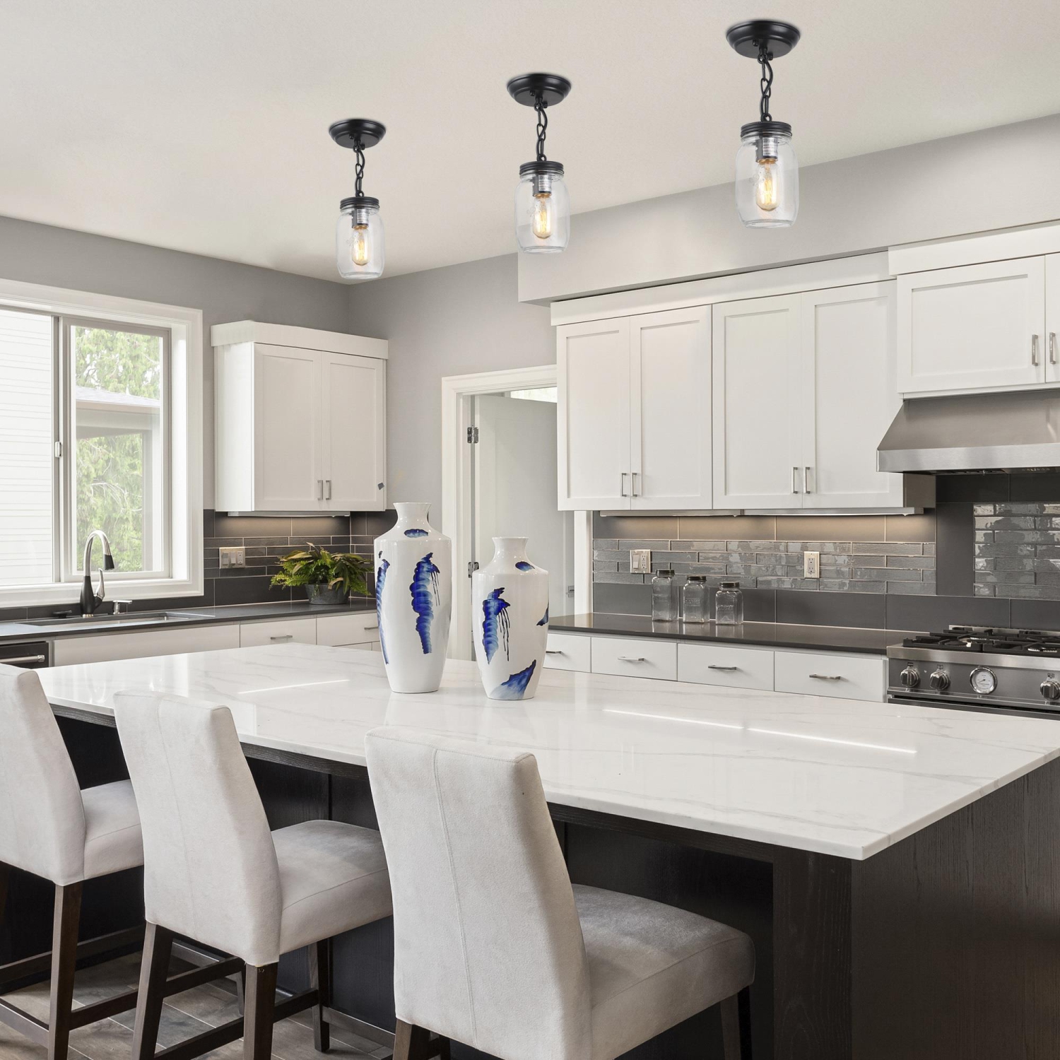 Luminaire suspendu moderne industriel à 1 ampoule, pot en verre, plafonnier semi-encastré