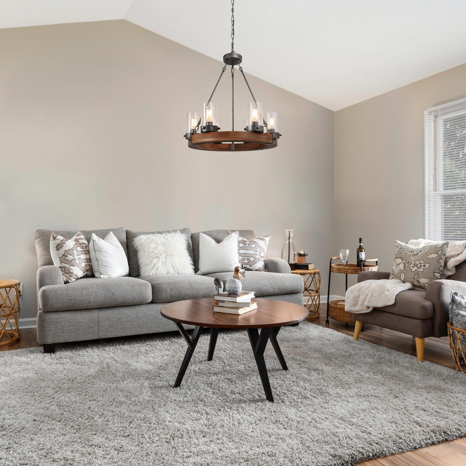 6-Light Farmhouse Wood Wagon Wheel Chandelier