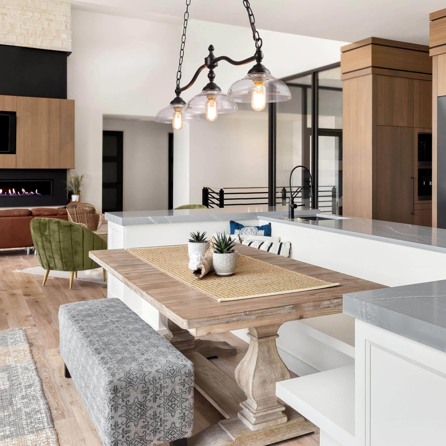 Modern Farmhouse 3-Light Oil-rubbed Bronze Chandelier Linear Glass Kitchen Island