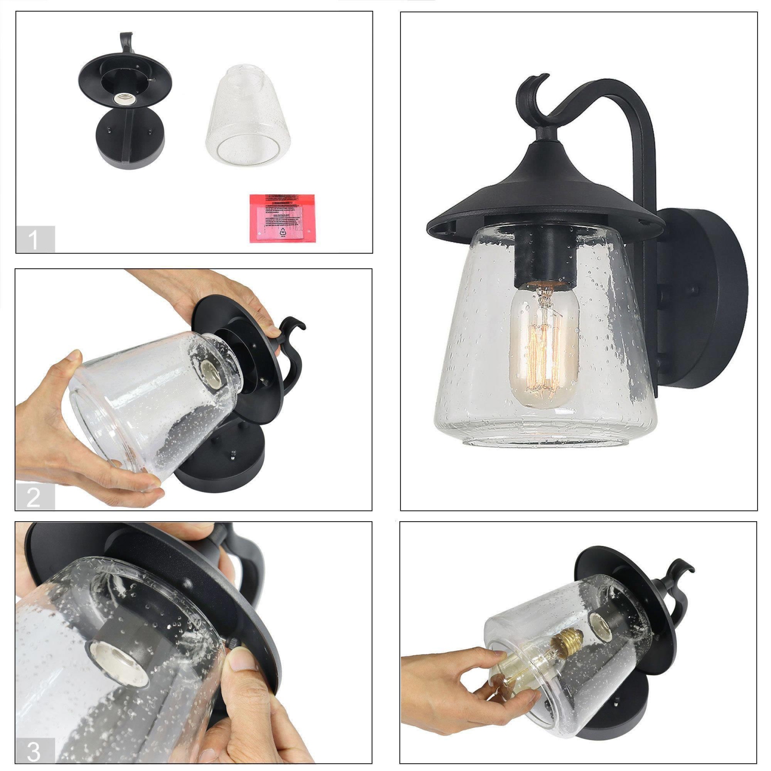 Transitional Black 1-Light Glass Outdoor Wall Sconces Patio Lamp