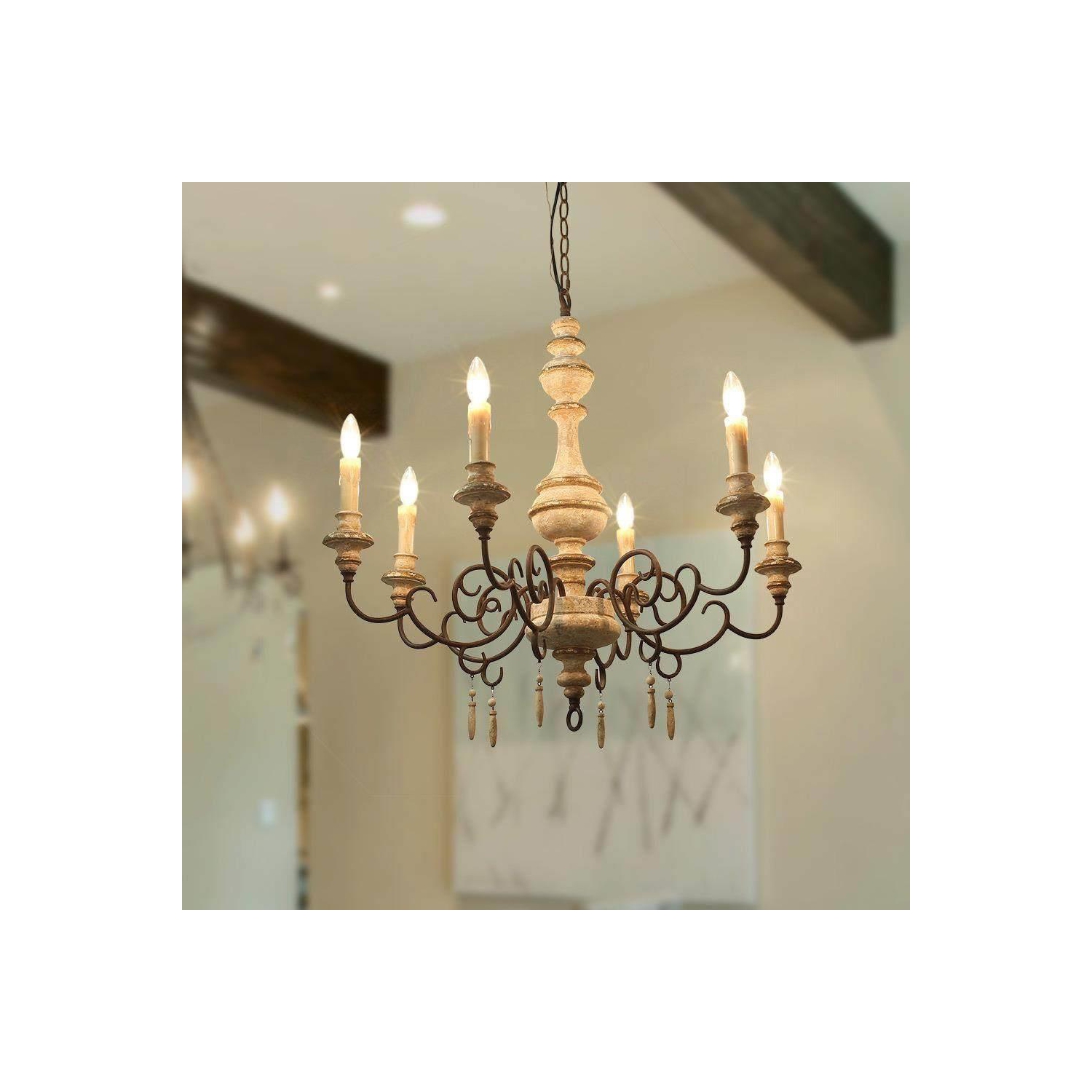 Chandeliers à 6 lumières en bois français campagnard