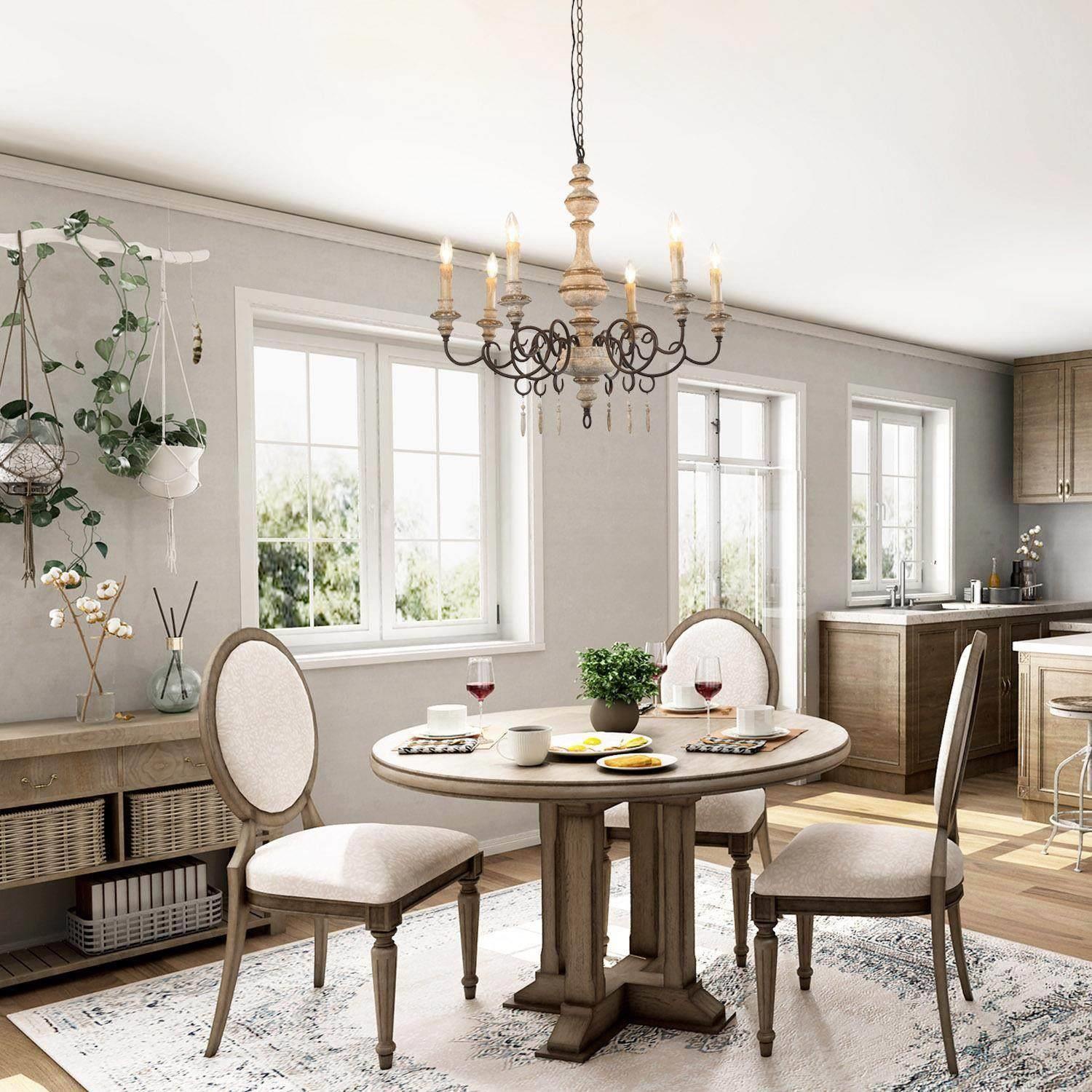 Chandeliers à 6 lumières en bois français campagnard