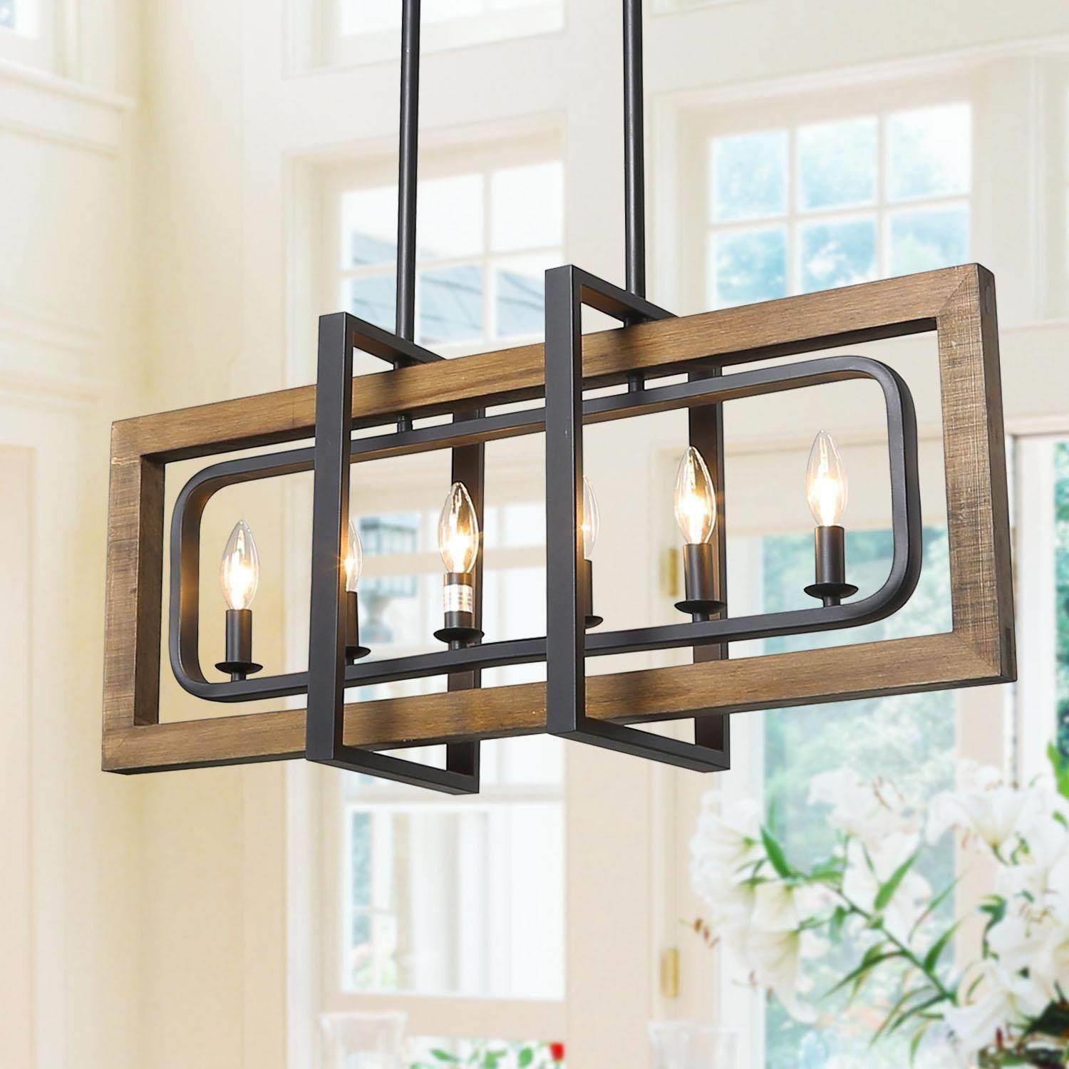 Farmhouse Rectangle 6-light Wood Candle Chandelier Island Lights