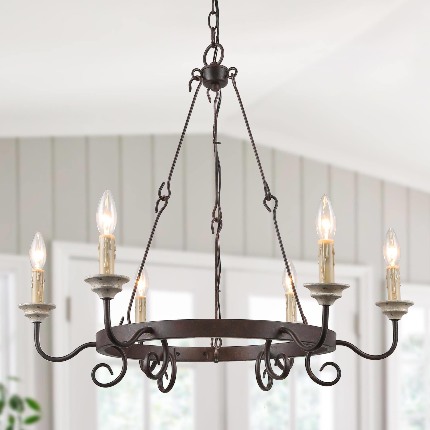 Farmhouse Rustic 6-Light Chandelier French Country Metal Wagon Wheel for Living Room
