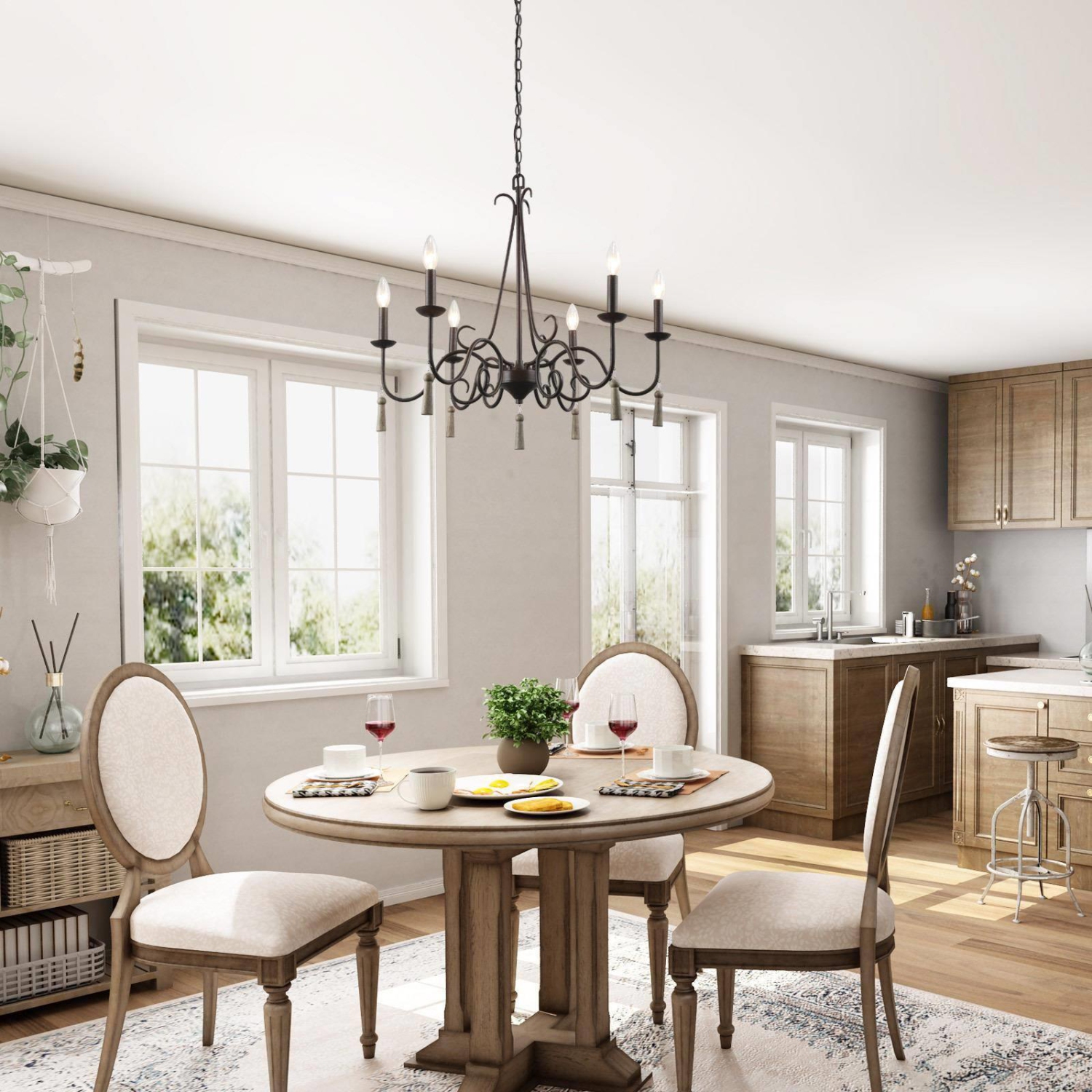 Chandelier champêtre à 6 lumières à DEL français champêtre en forme de roue de chariot pour le salon