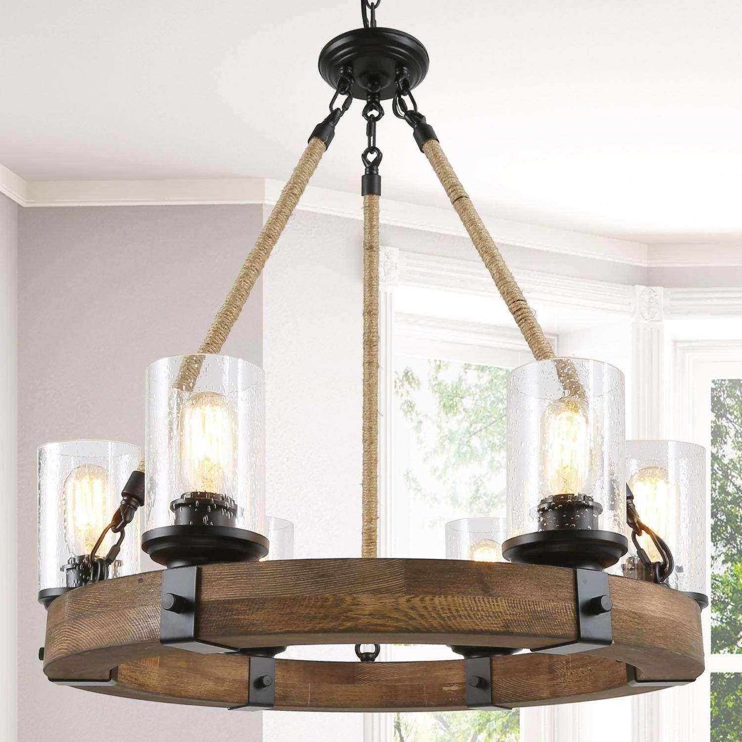 Farmhouse 6-Light Wagon Wheel Solid Wood Rustic Chandelier for Dining Room