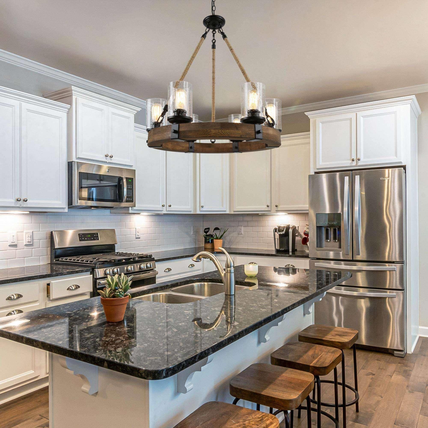 Farmhouse 6-Light Wagon Wheel Solid Wood Rustic Chandelier for Dining Room