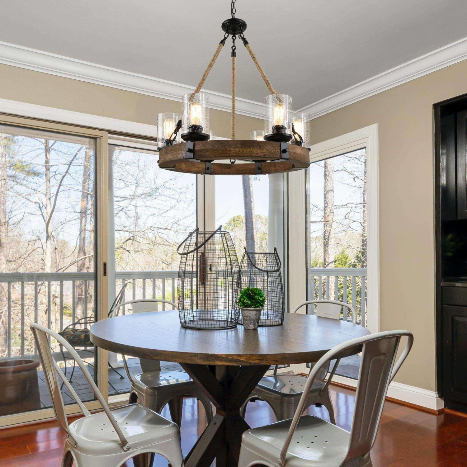 Farmhouse 6-Light Wagon Wheel Solid Wood Rustic Chandelier for Dining Room