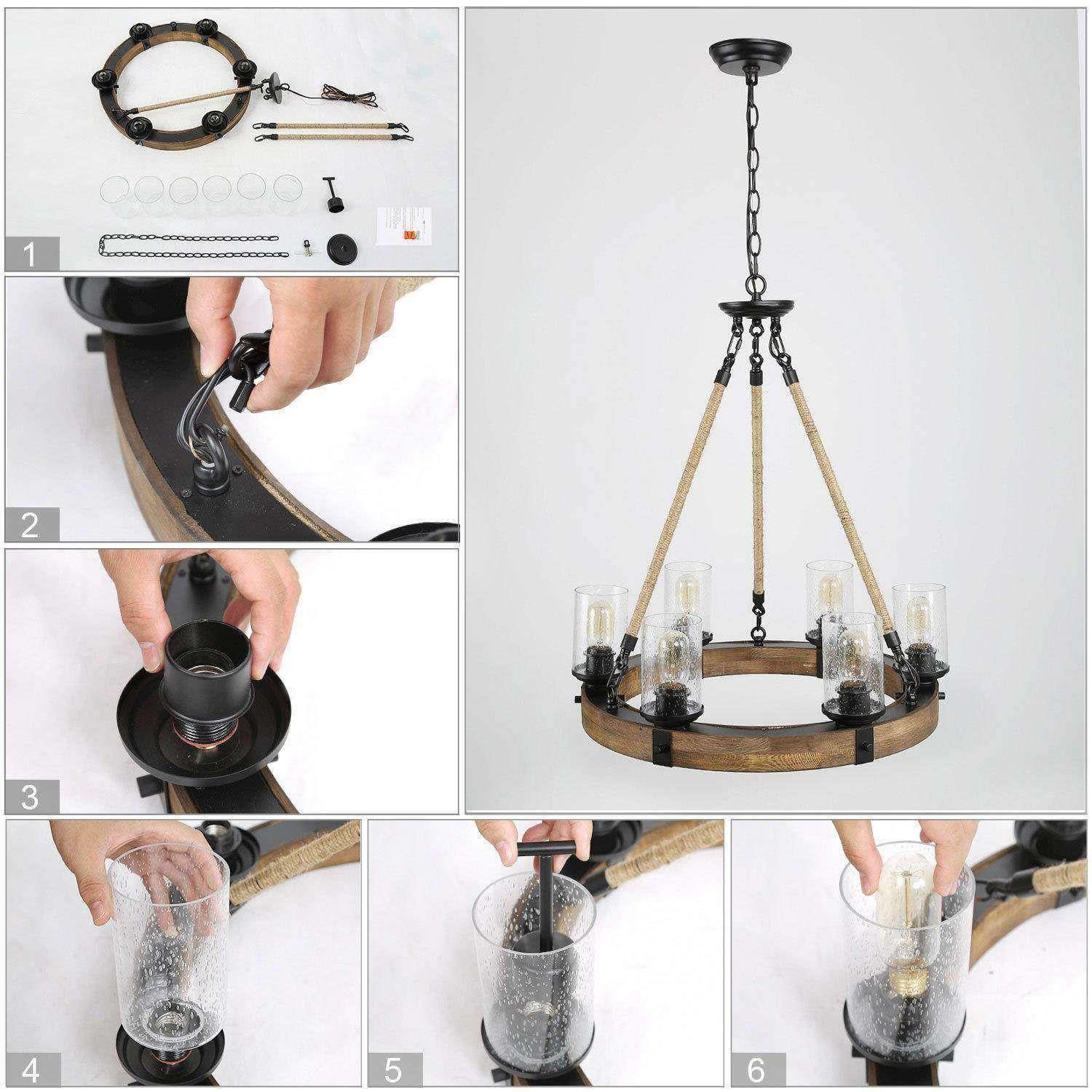 Farmhouse 6-Light Wagon Wheel Solid Wood Rustic Chandelier for Dining Room