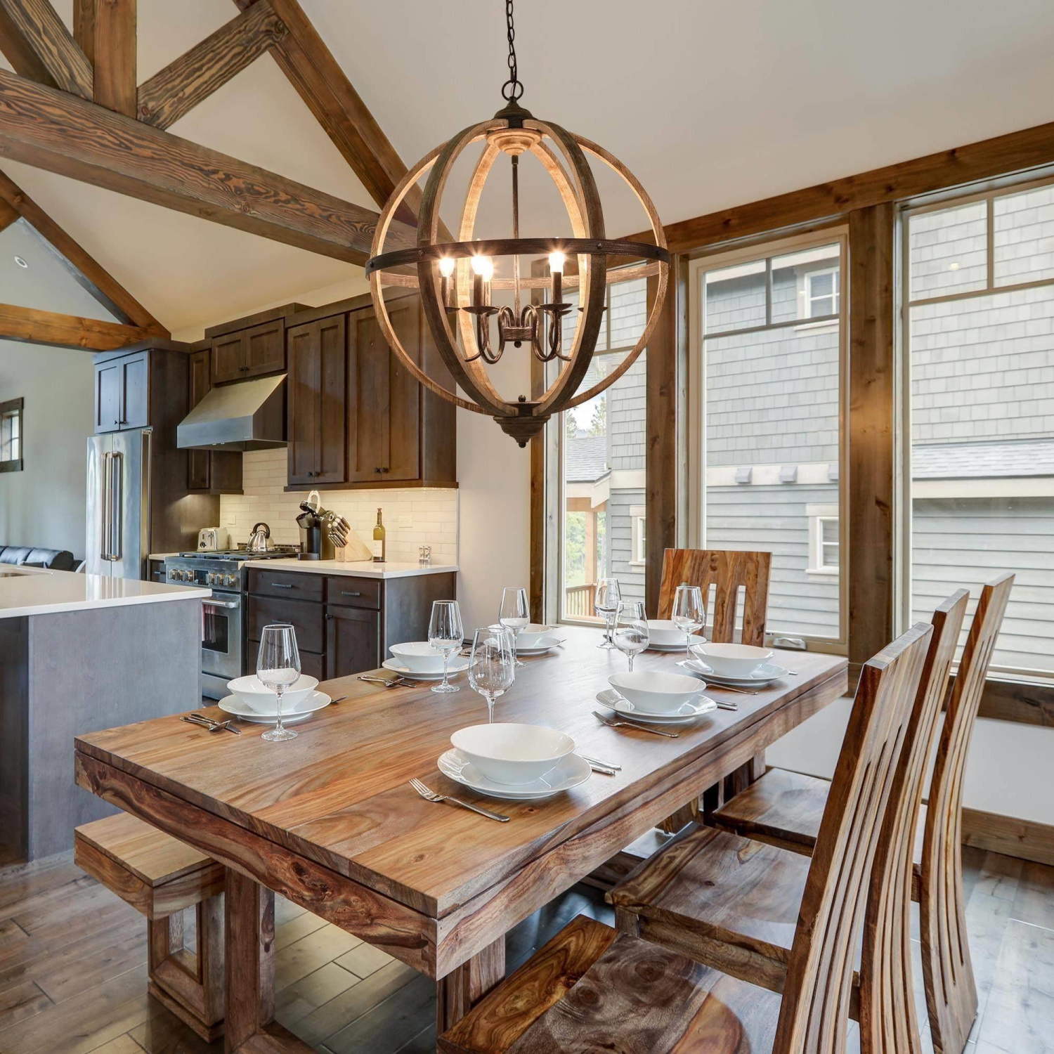 Farmhouse Distressed Wood Chandelier Dining Room Light