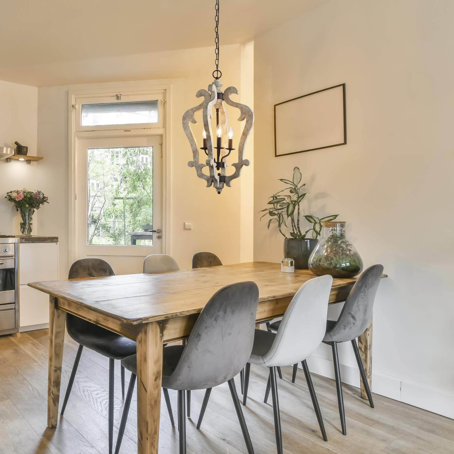 3-light Wood Chandelier Foyer Hanging Lantern