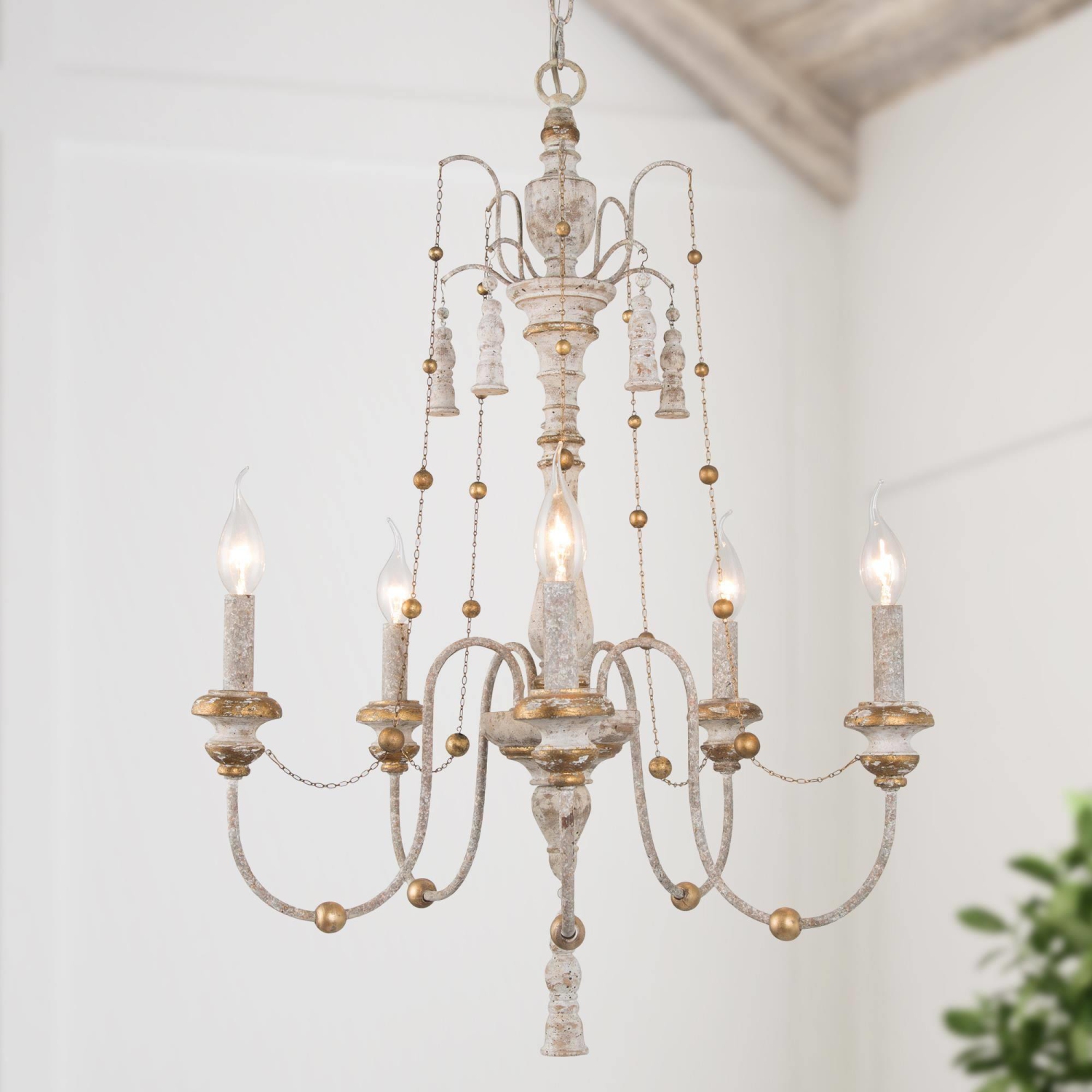 5-Light Farmhouse Classic Candle Distressed Wood Chandelier