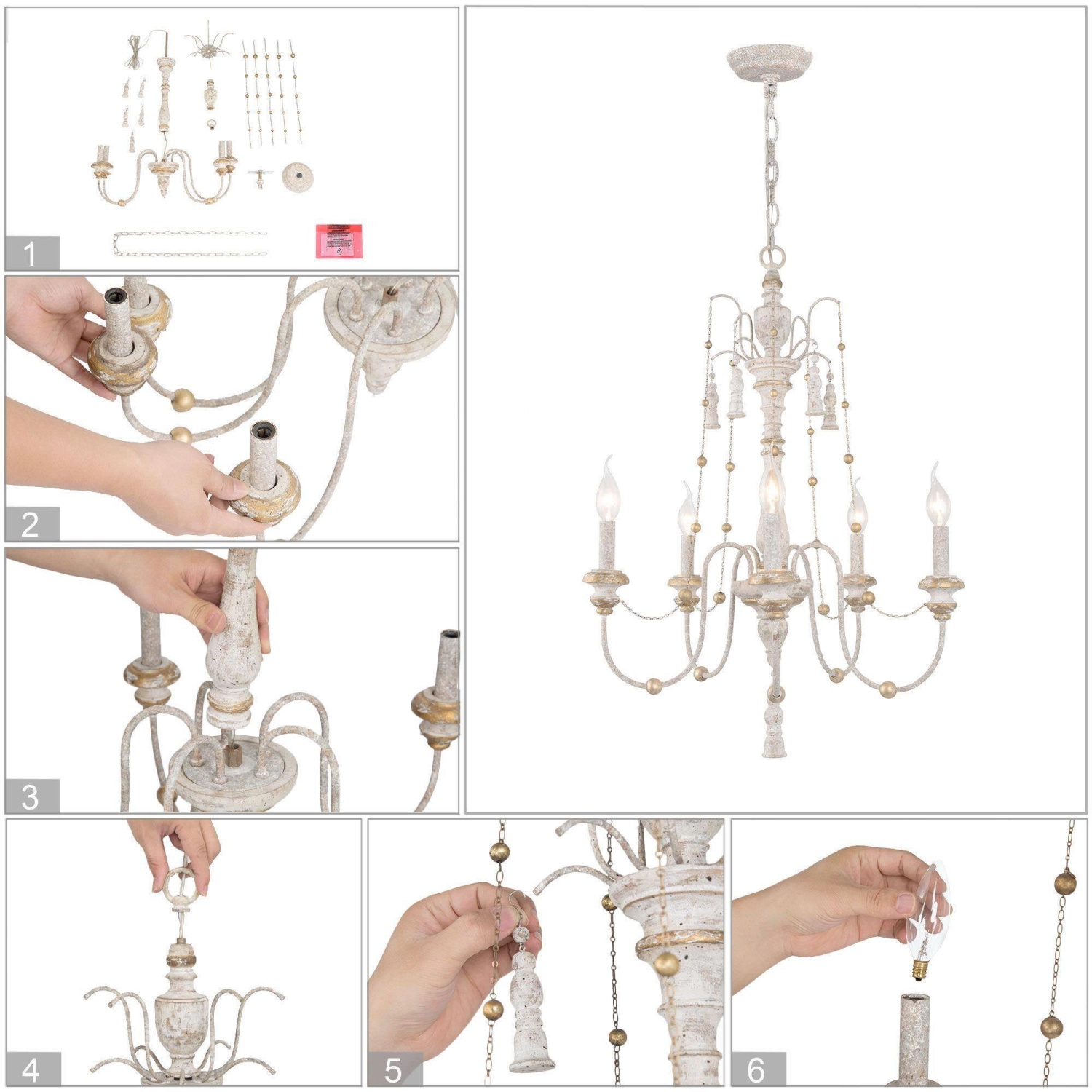 5-Light Farmhouse Classic Candle Distressed Wood Chandelier