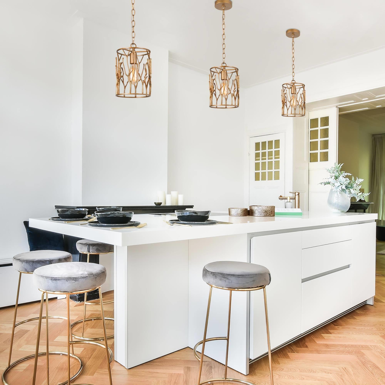 Luminaire suspendu cylindrique à 1 ampoule en laiton pour îlot