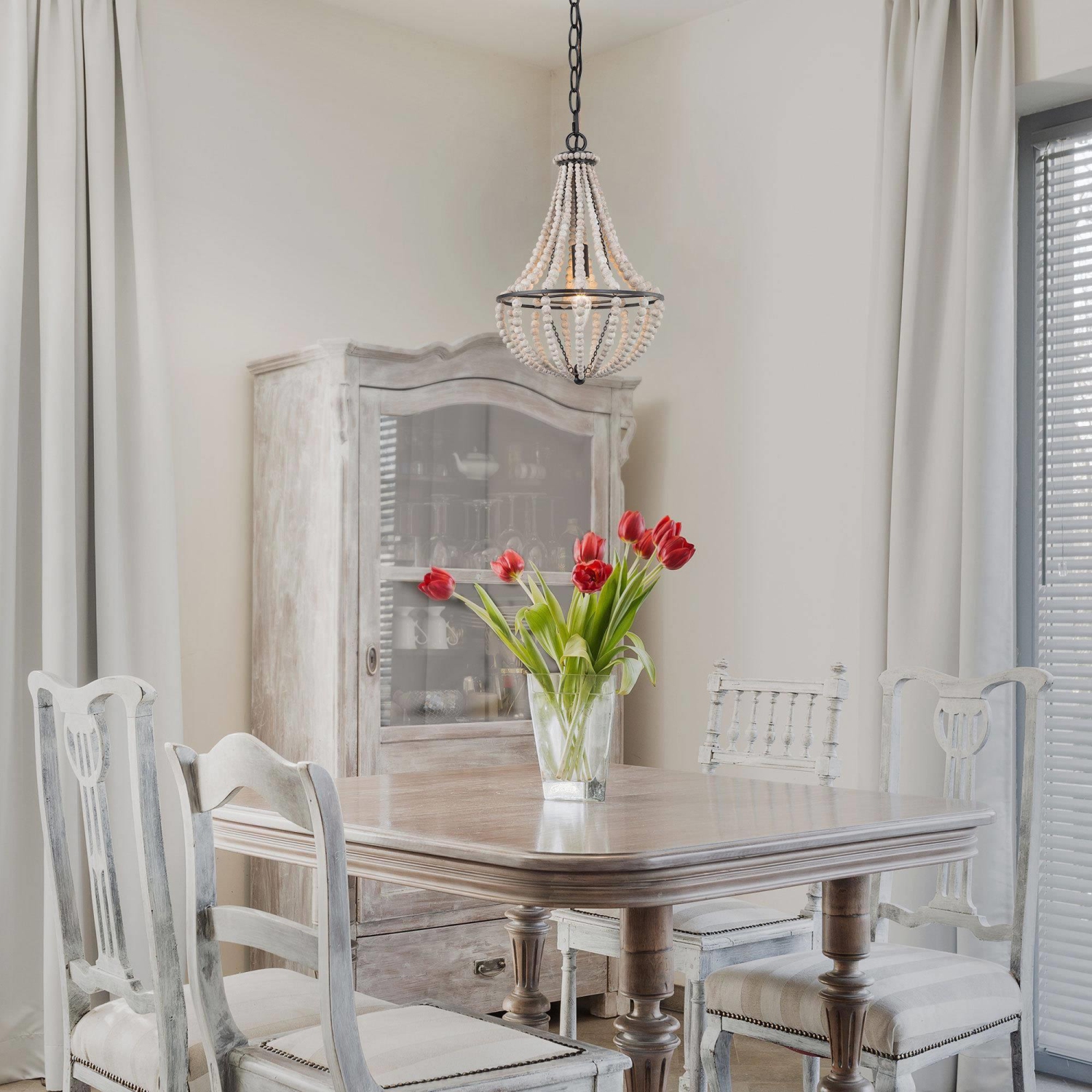 1-Light Boho Candle Chandelier with White Wood Beads