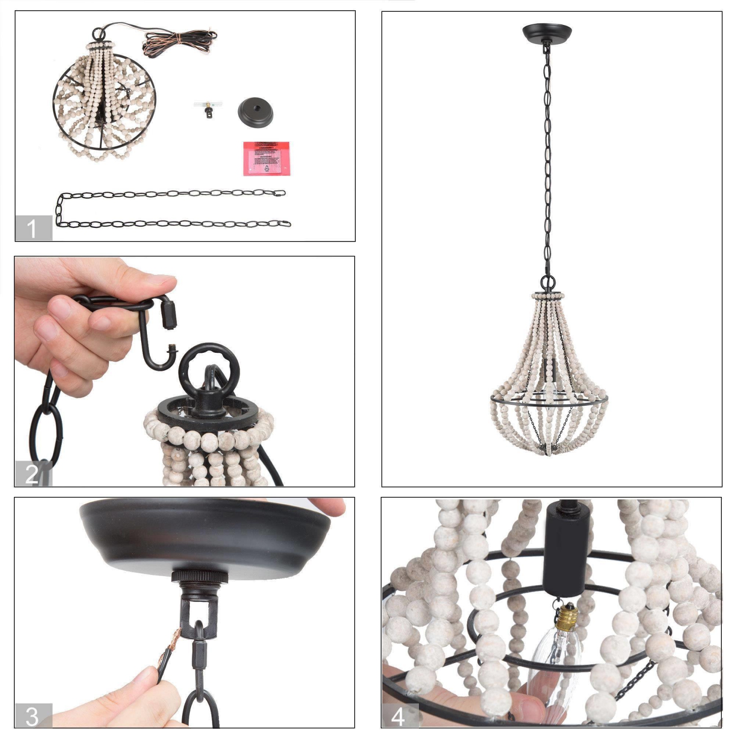 1-Light Boho Candle Chandelier with White Wood Beads