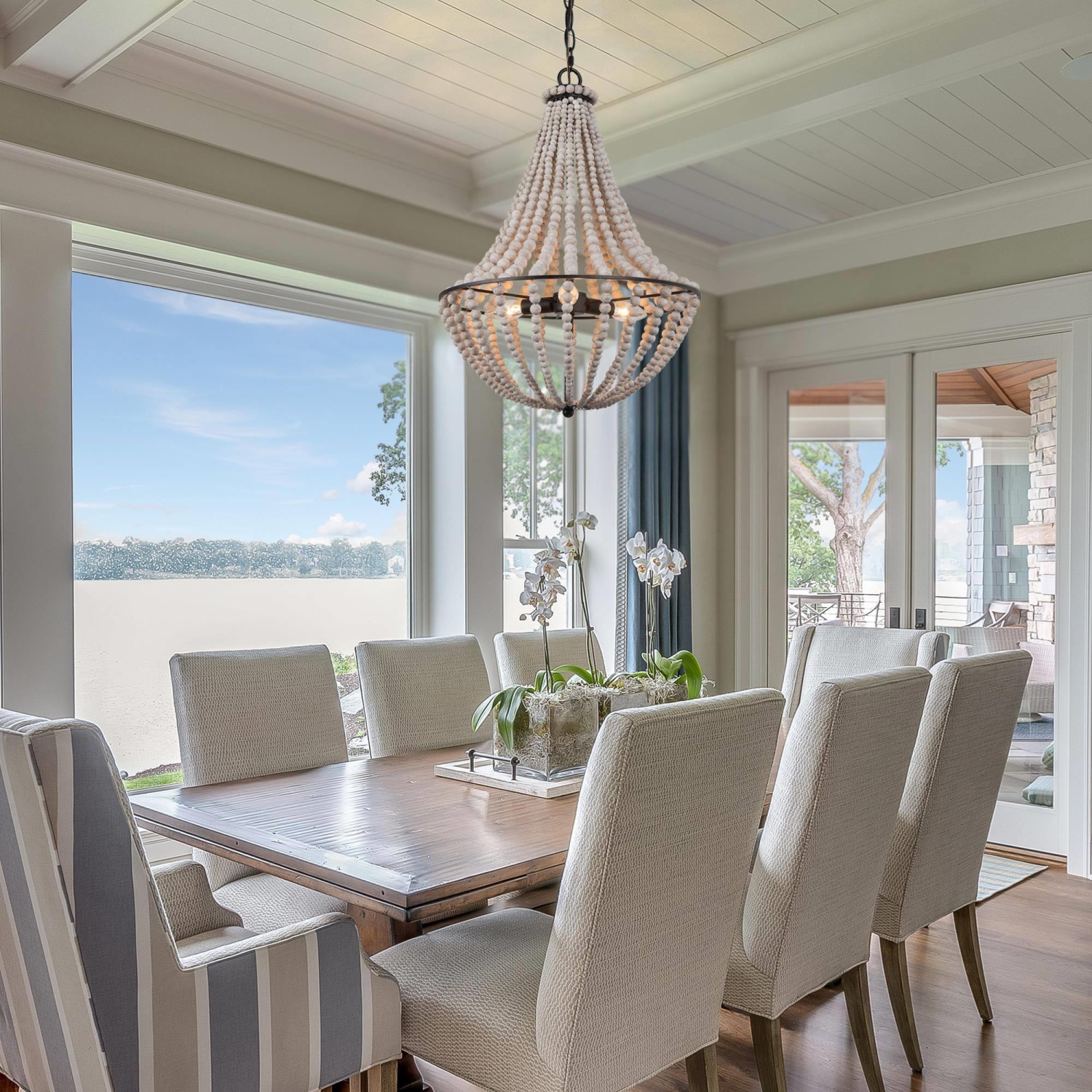 Chandelier à 3 ampoules avec perles en bois, lanterne et bohème