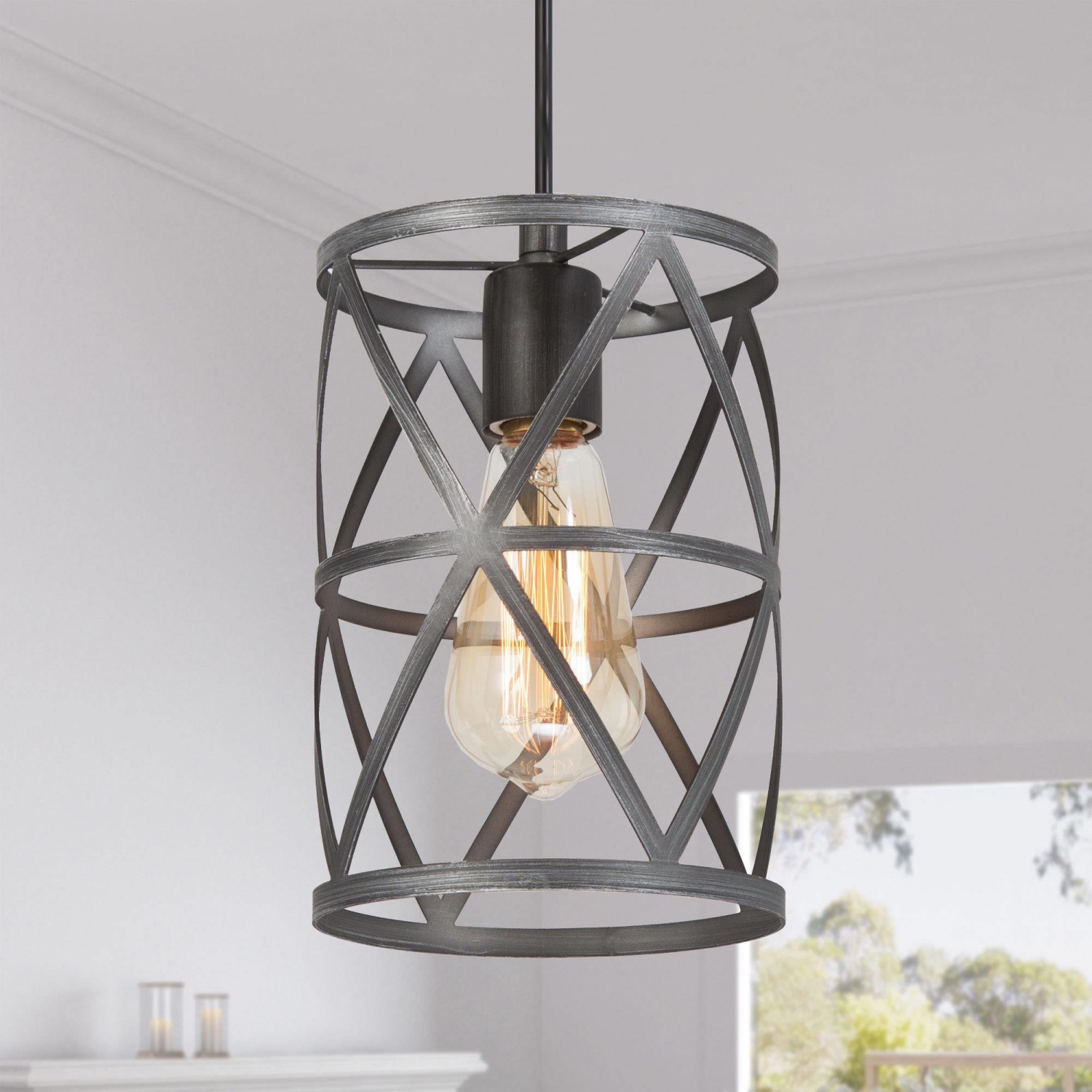 1-Light Metal Cylinder Cage Pendant Light