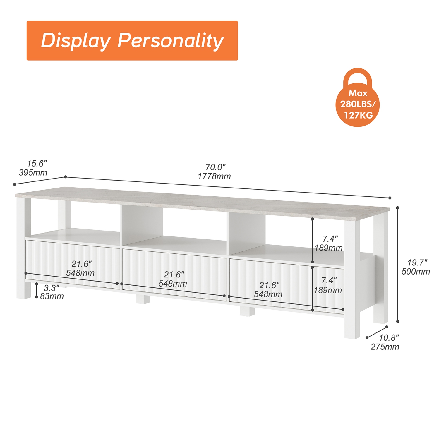 WAMPAT LED TV Stand for TVs up to 75 Inch, White Modern Entertainment Center for 80/70/65 inch TV Console Table with 6 Cubby Storage for Living Room