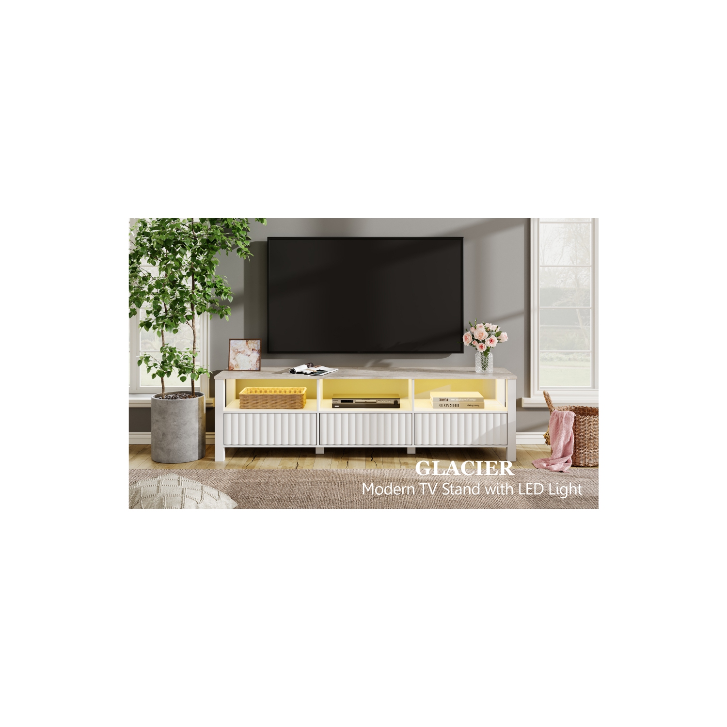 WAMPAT LED TV Stand for TVs up to 75 Inch, White Modern Entertainment Center for 80/70/65 inch TV Console Table with 6 Cubby Storage for Living Room