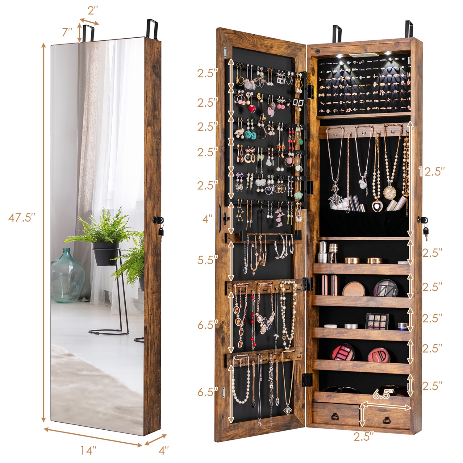 Armoire à bijoux miroir Costway avec 2 lumières LED
