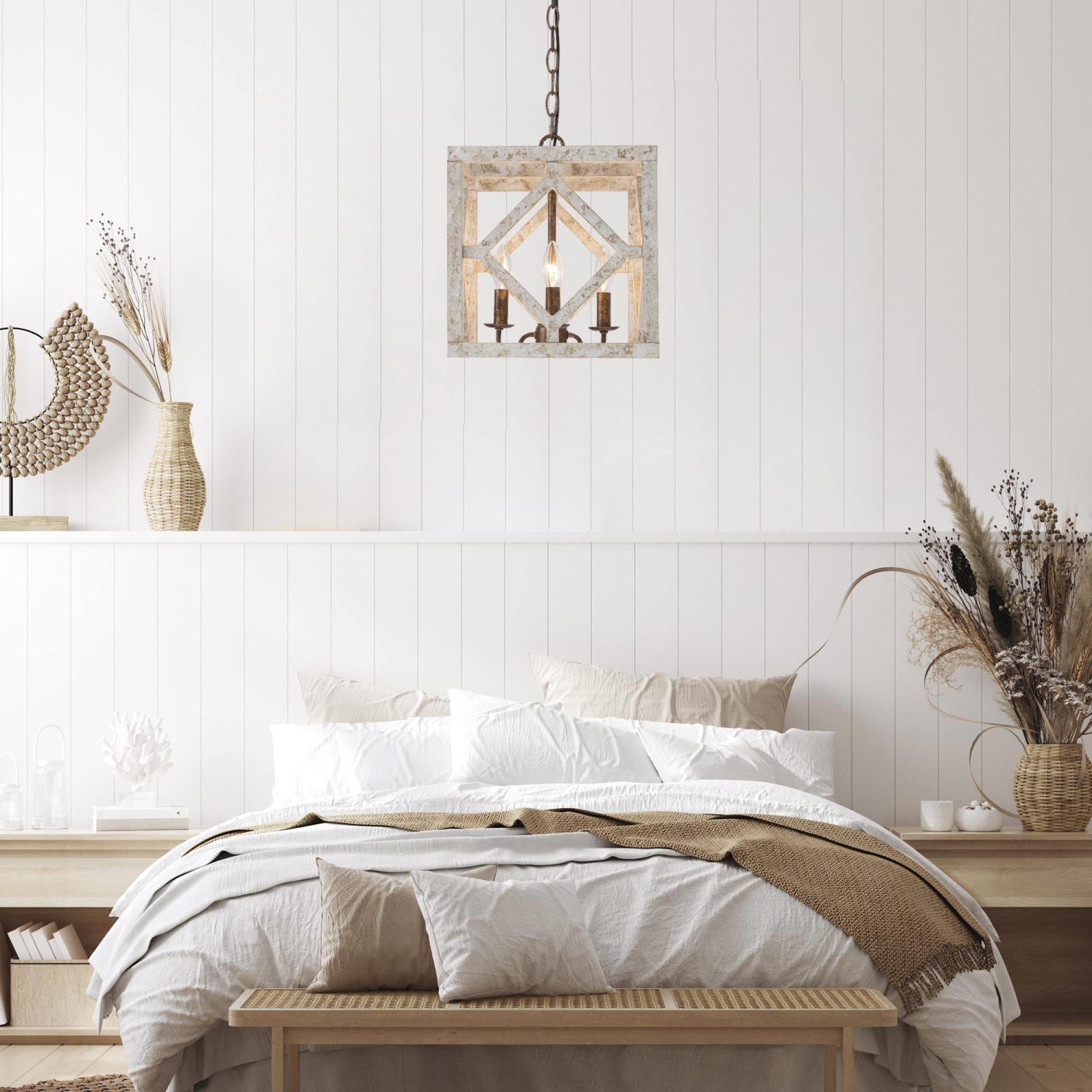 Grand luminaire suspendu carré en bois à 4 lampes de 12 po