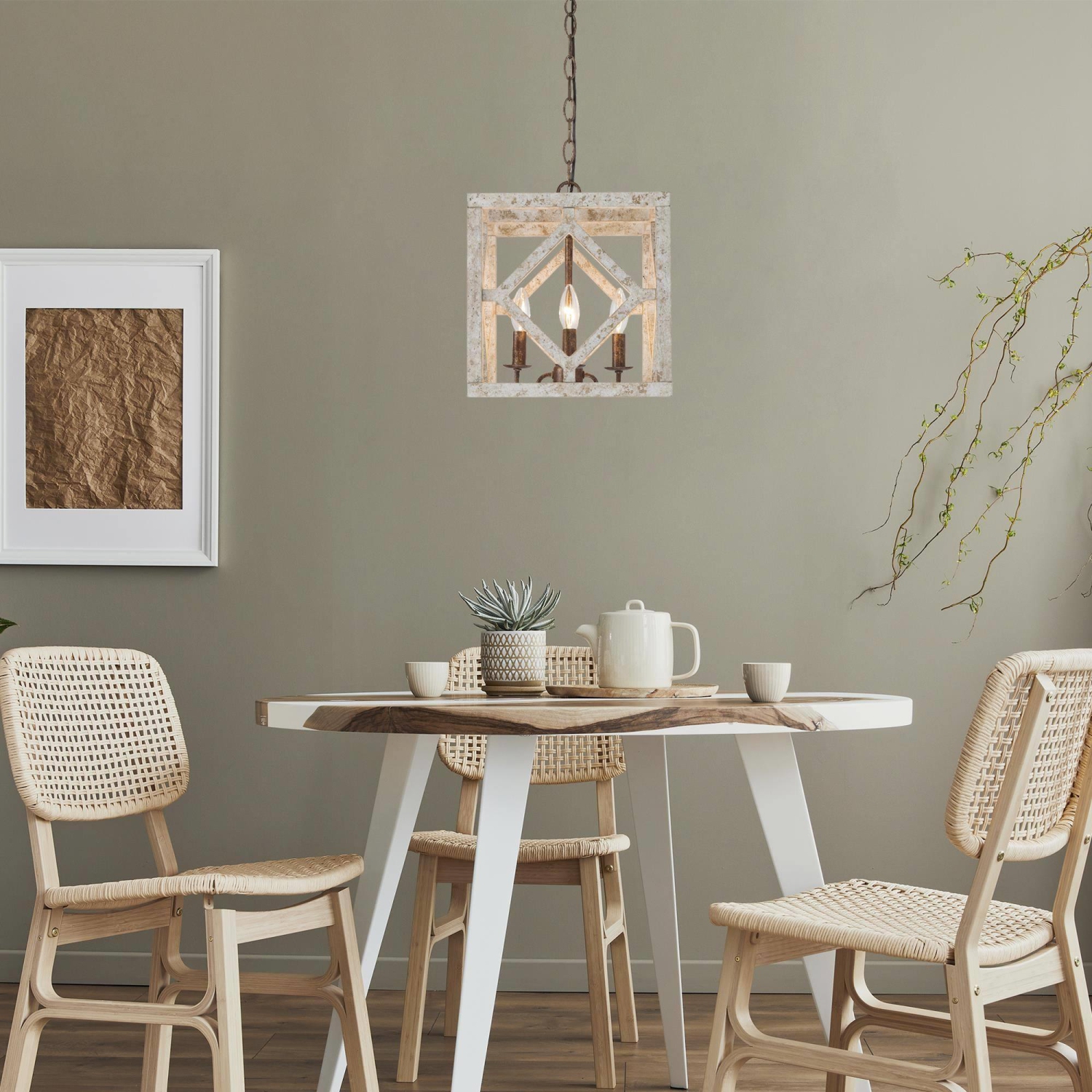 Grand luminaire suspendu carré en bois à 4 lampes de 12 po