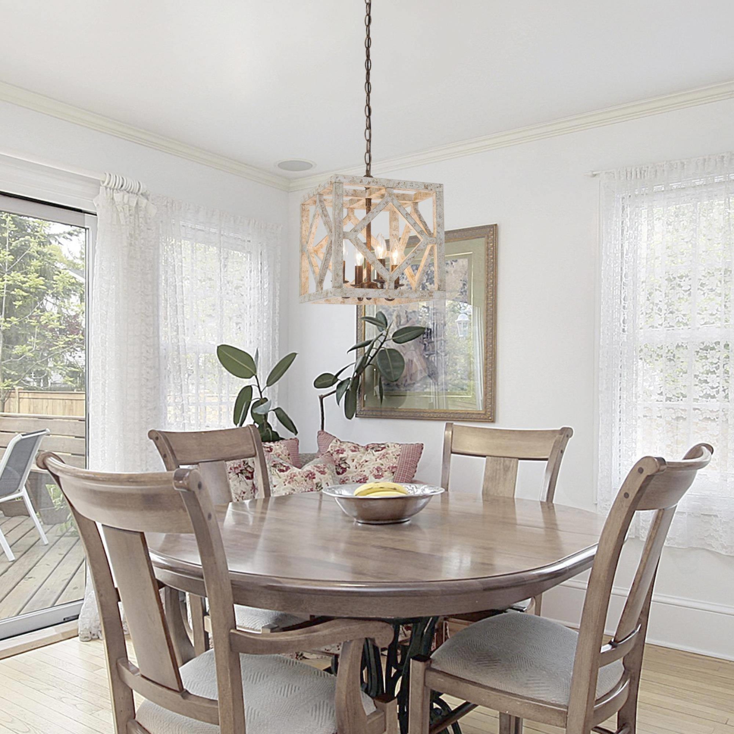 Grand luminaire suspendu carré en bois à 4 lampes de 12 po