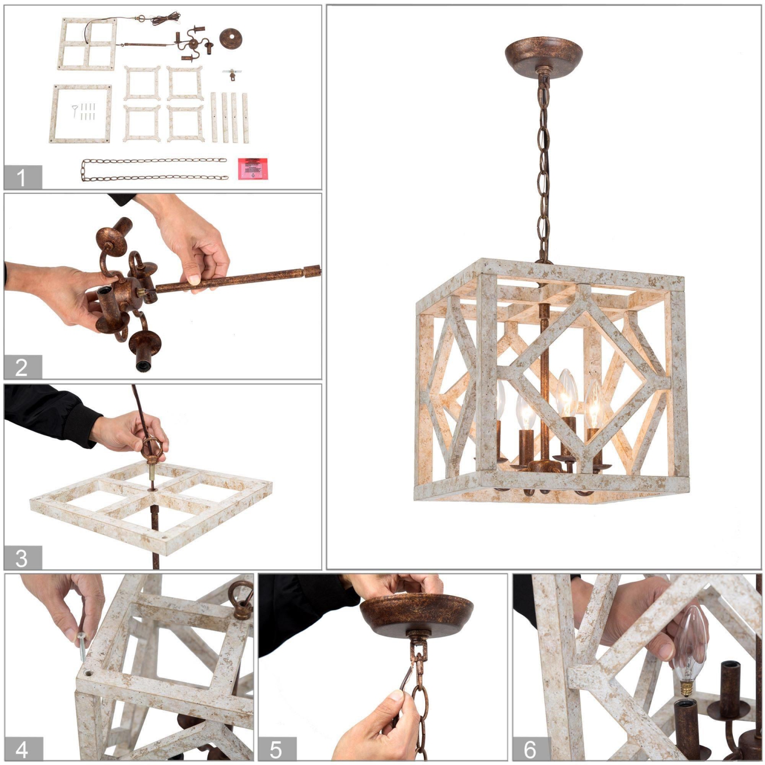 Grand luminaire suspendu carré en bois à 4 lampes de 12 po