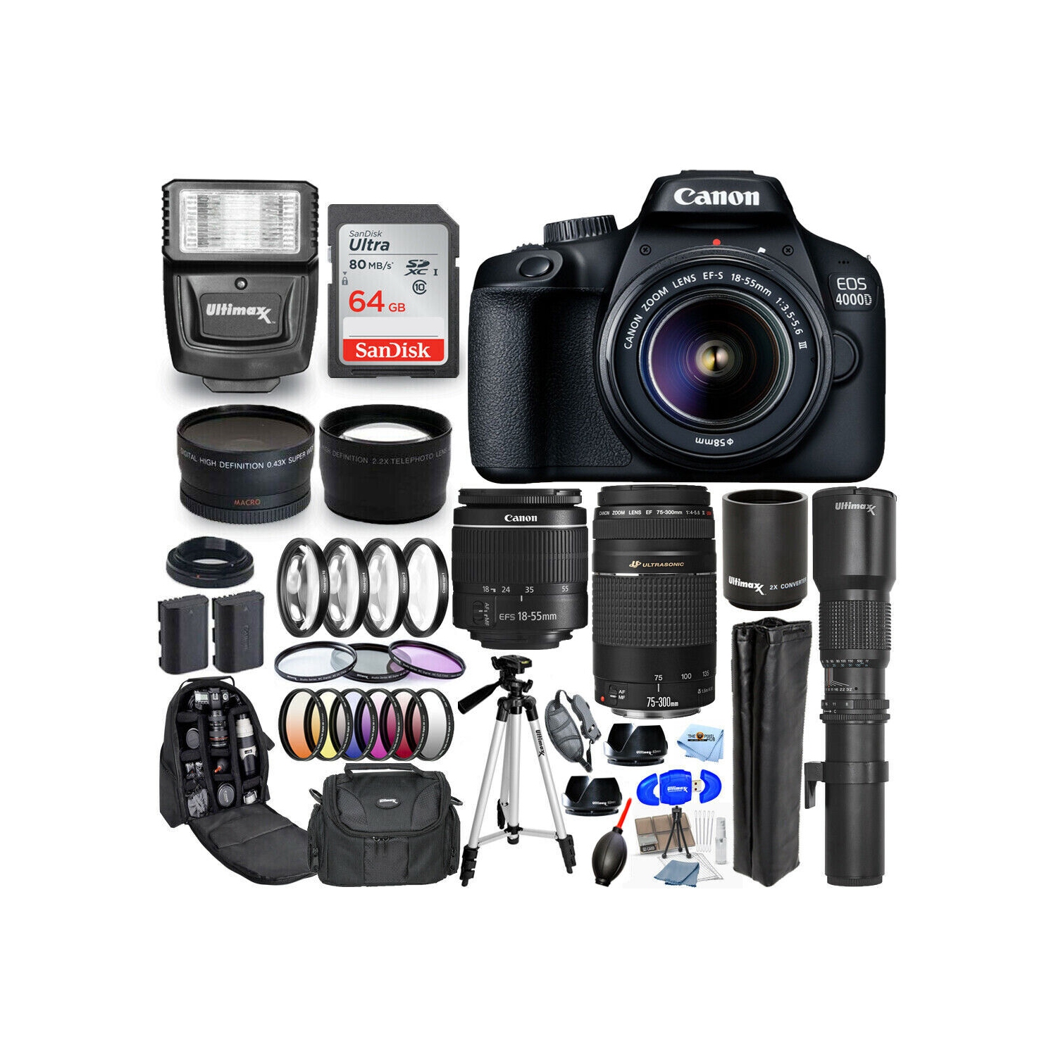 Canon EOS 4000D / Rebel T100 18-55mm + 75-300mm + 500mm 30 Piece Accessory Kit