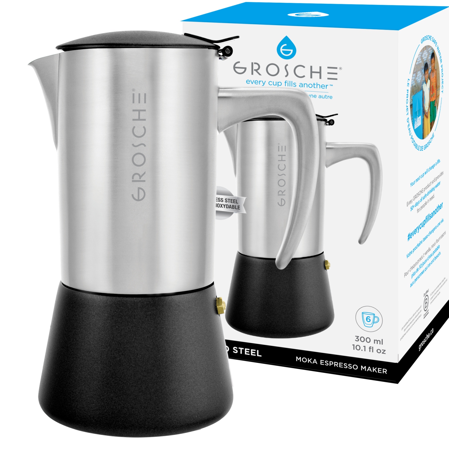 GROSCHE MILANO STEEL 6 Espresso Cups Stainless Steel Stovetop Espresso Maker | Moka Pot - Coffee Maker for Induction Gas or Electric Stoves - Brushed
