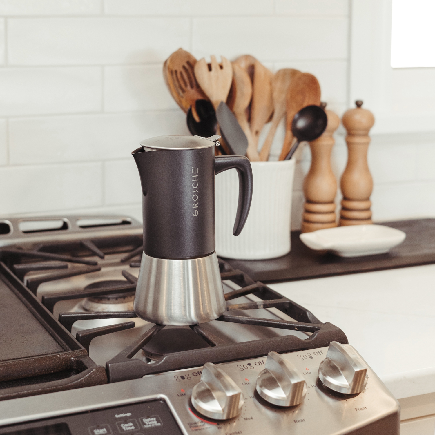 GROSCHE MILANO STEEL 6 Espresso Cups Stainless Steel Stovetop Espresso Maker | Moka Pot - Coffee Maker for Induction Gas or Electric Stoves - Black