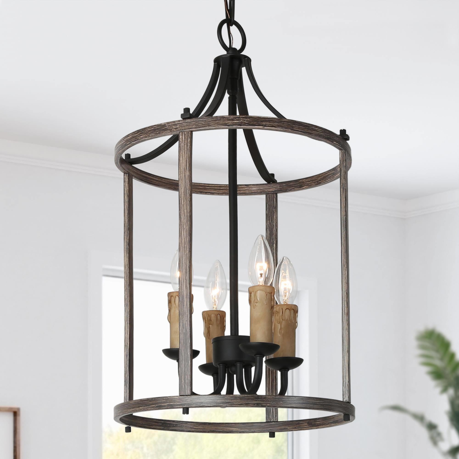 4-Light Faux Wood Lantern Cage Pendant Light