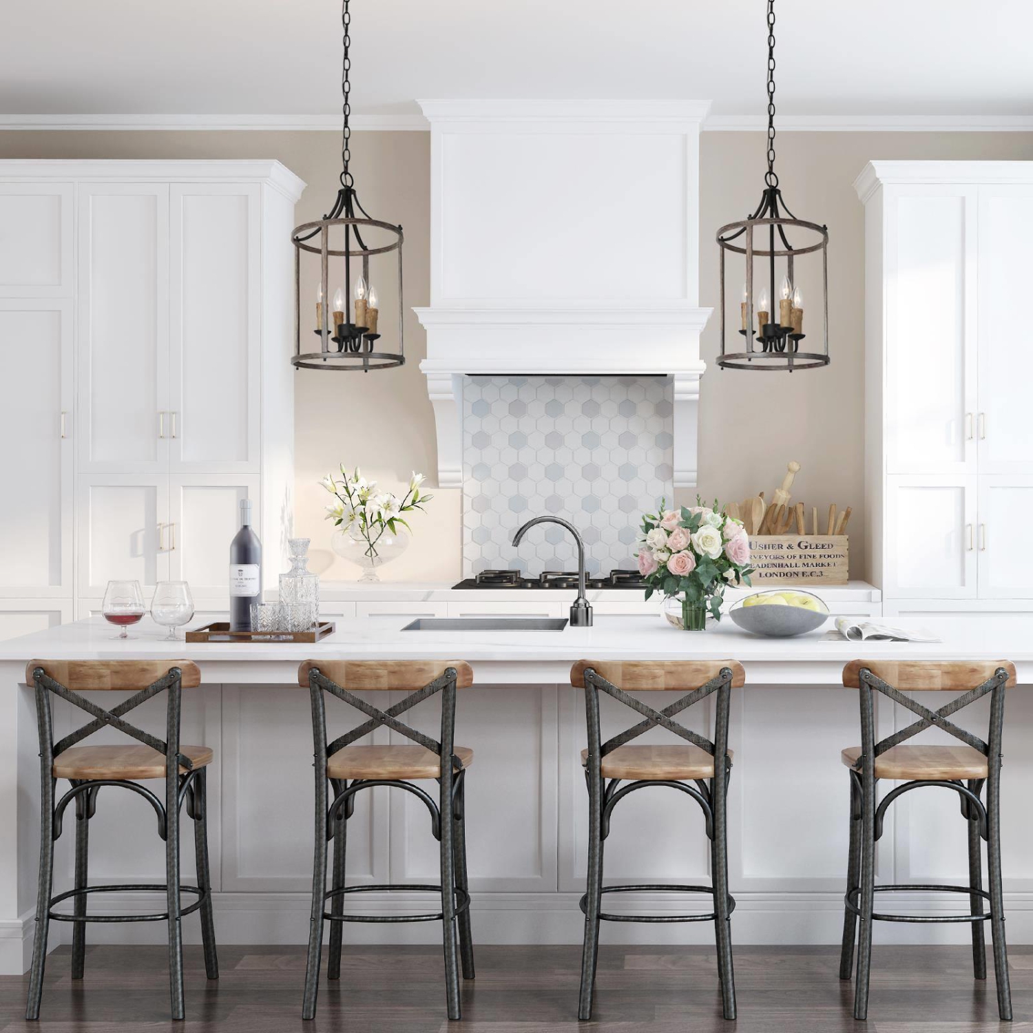 4-Light Faux Wood Lantern Cage Pendant Light